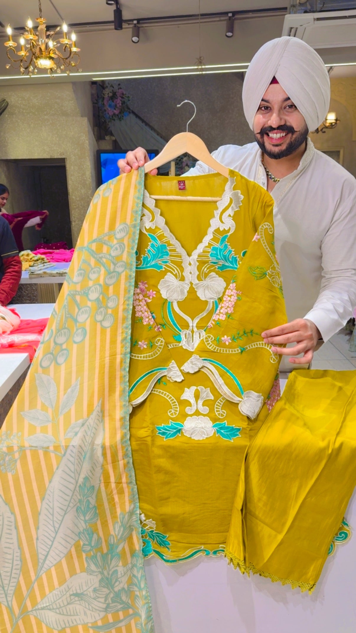 Mustard Yellow Mal Chanderi Fully Floral Embroidered Kashmiri Suit with Soft Leaf Print Duppata