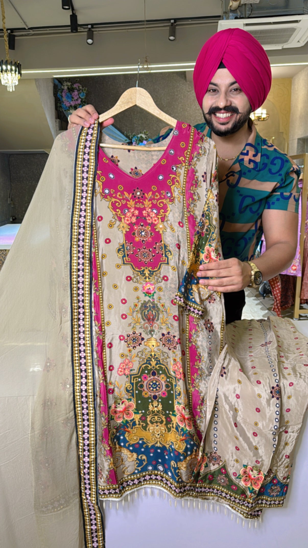 Beidge & Pink Crepe C-cut Suit with Chiffon Duppata