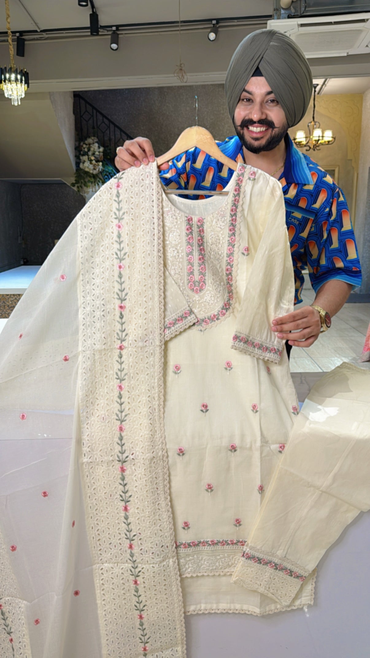 Off white & pink kora Cotton Heavy embroidered Straight Suit with Shifli work Duppata