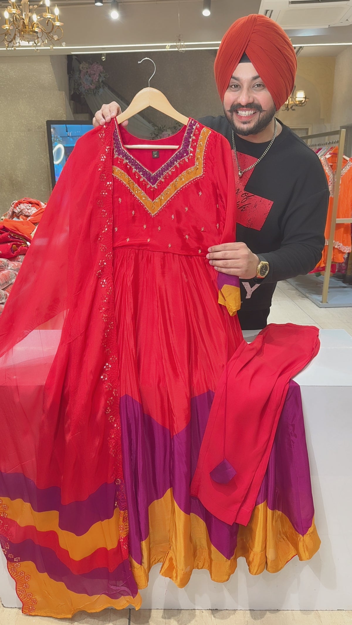 Tomato Red Chinon Hand Embroidered Full Flair Anarkali Suit