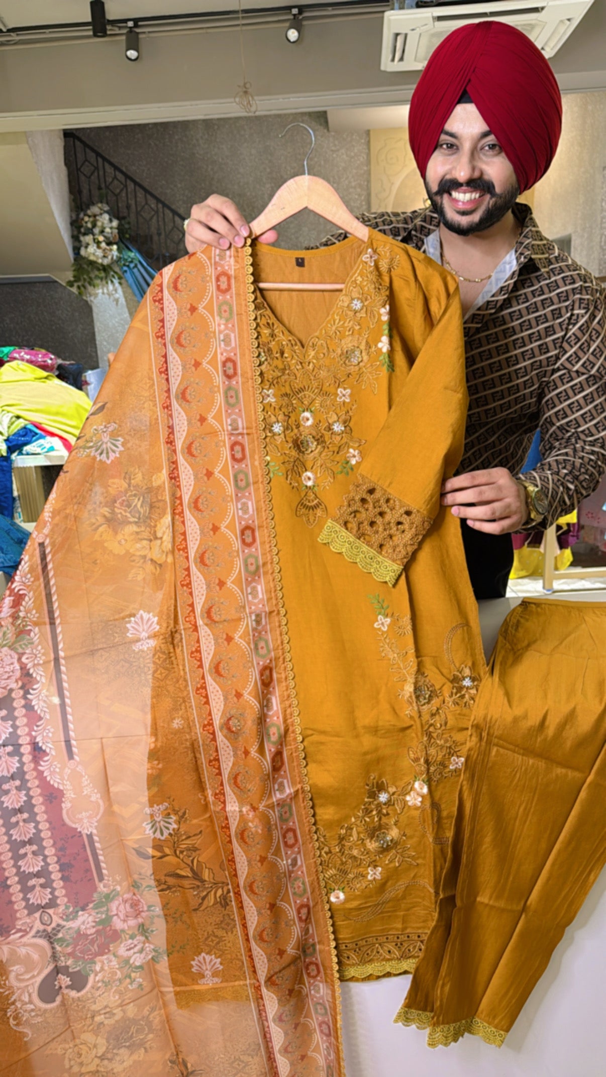 Goldenish Mustard Roman Silk Embroidered Pakistani Suit With Beautiful Organza Duppata