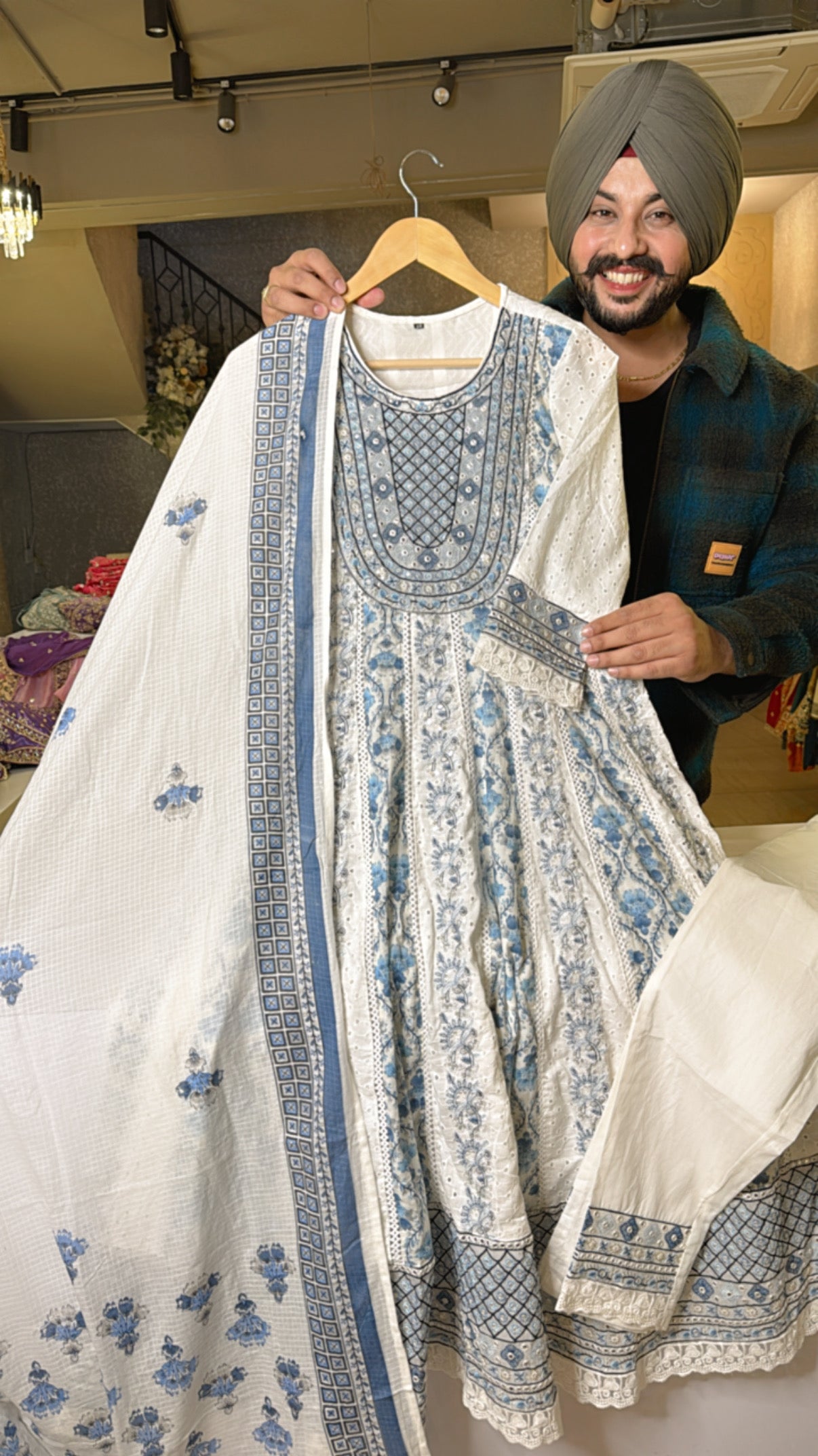 MoonWhite & Blue Pure Cotton Full Flair Heavy Embroidered & Shifli Work Anarkali Suit with beautiful Kota Doria Duppata