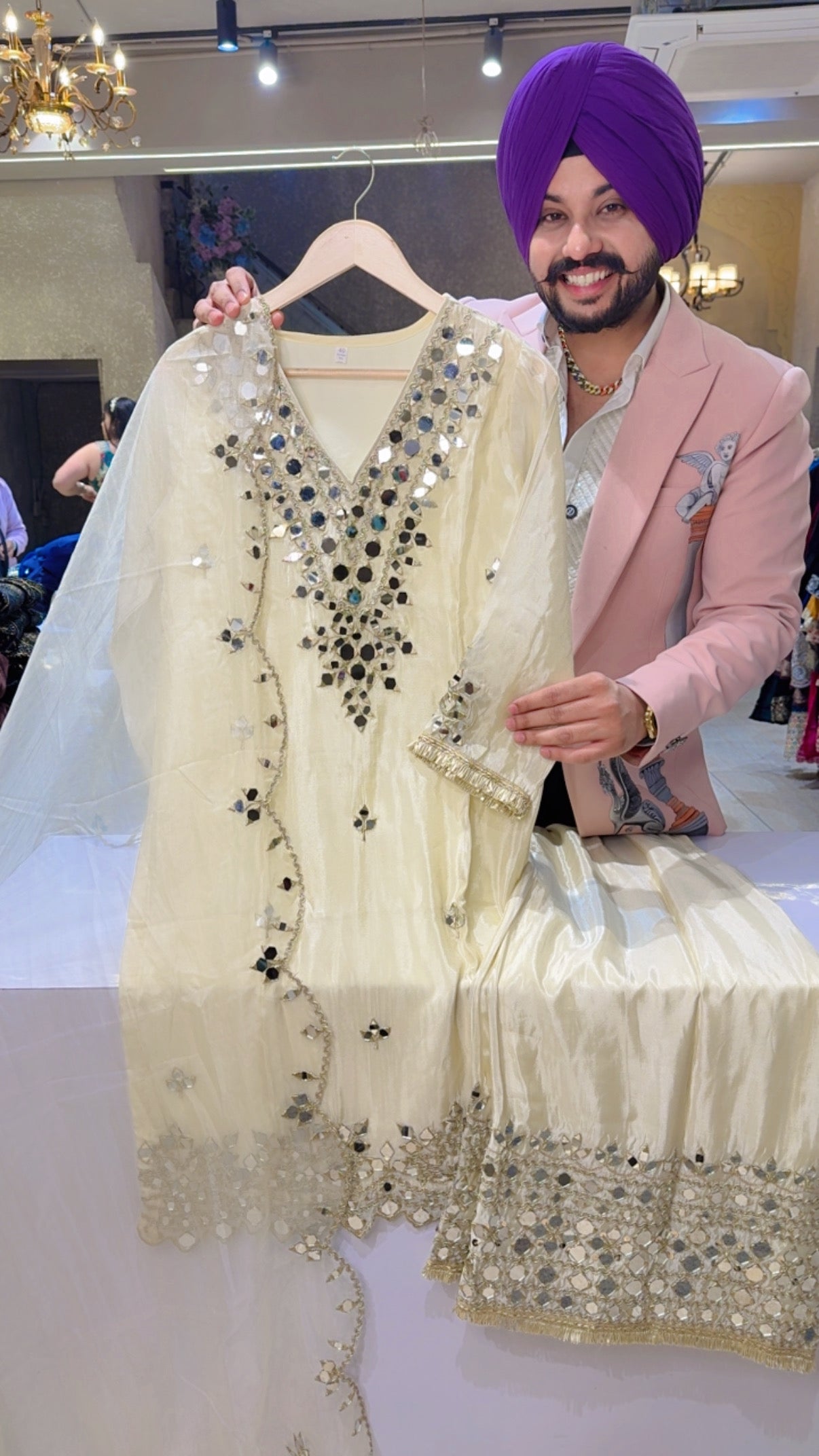 Off white Shimmer Silk Heavy Mirror Work Partywear Straight suit with Heavy Mirror work on Plazo & Duppata