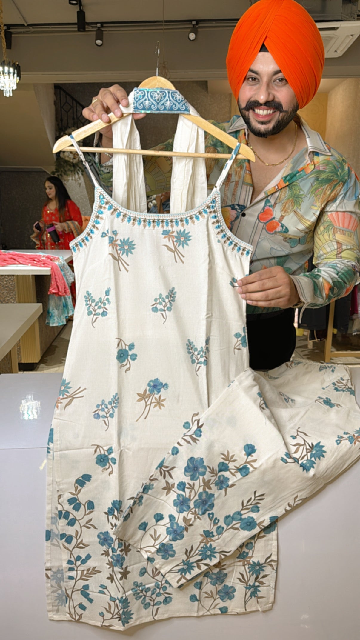 Off white & Blue Soft khaadi Noodle Sleeves Indowestern Suit with Sleek Necklace Duppata