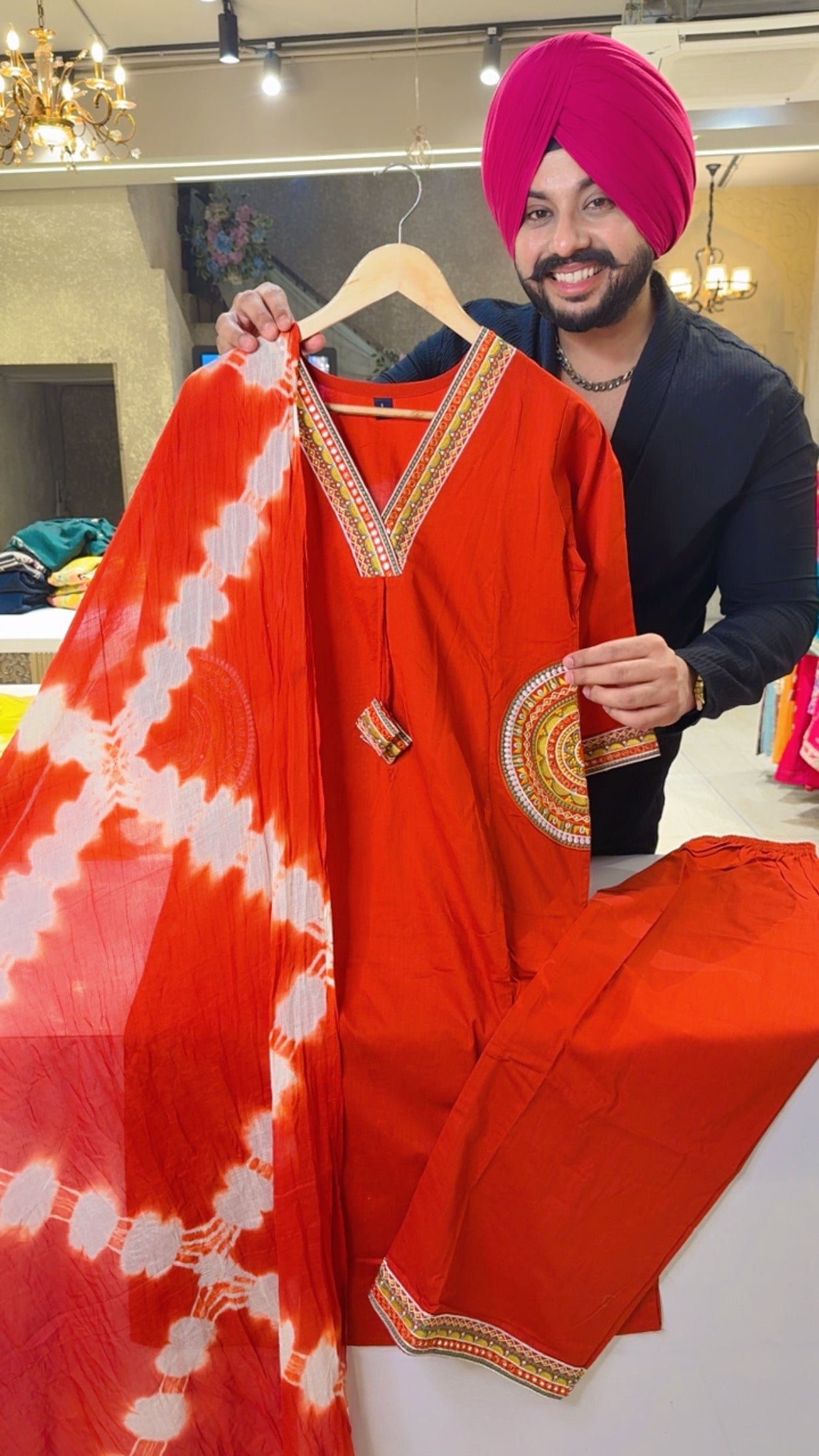 Rusty orange Pure Cotton Semi formal Straight Suit with Beautiful Embroidery Work on neck & Pockets