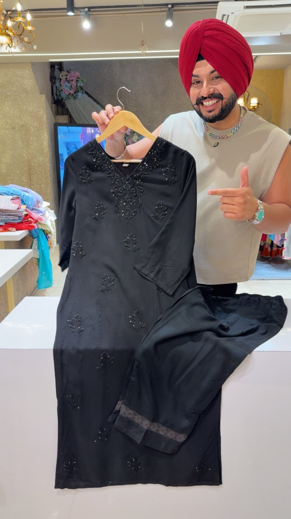 Black Soft Rayon Self Lucknowi Style Embroidered Long Length Coord set