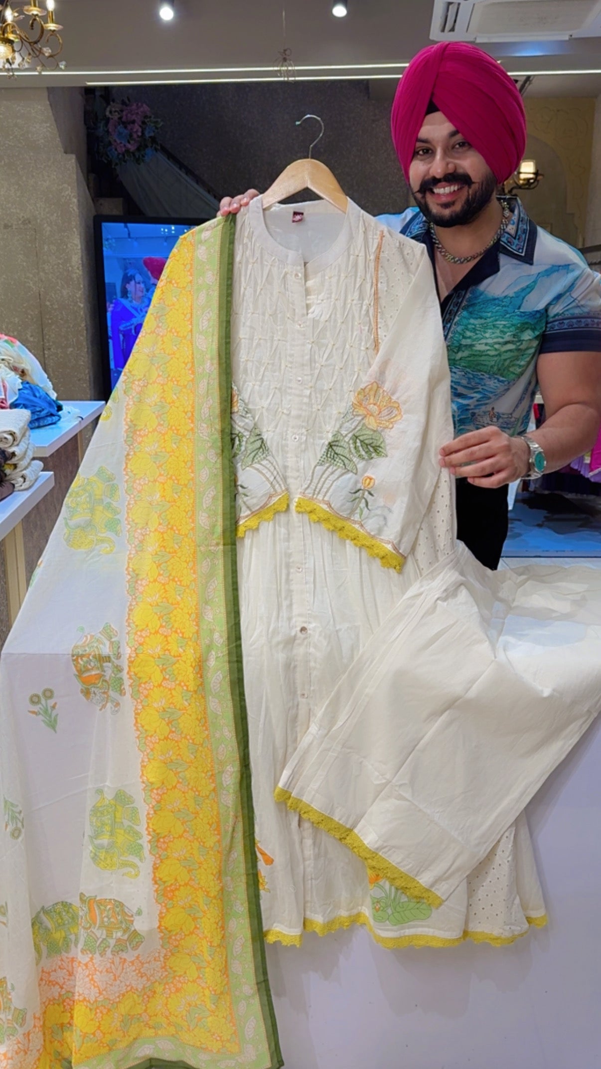 Off white & yellow Mal Cotton Embroidered & Shifli Work A-Line Indowestern suit with Beautiful Duppata