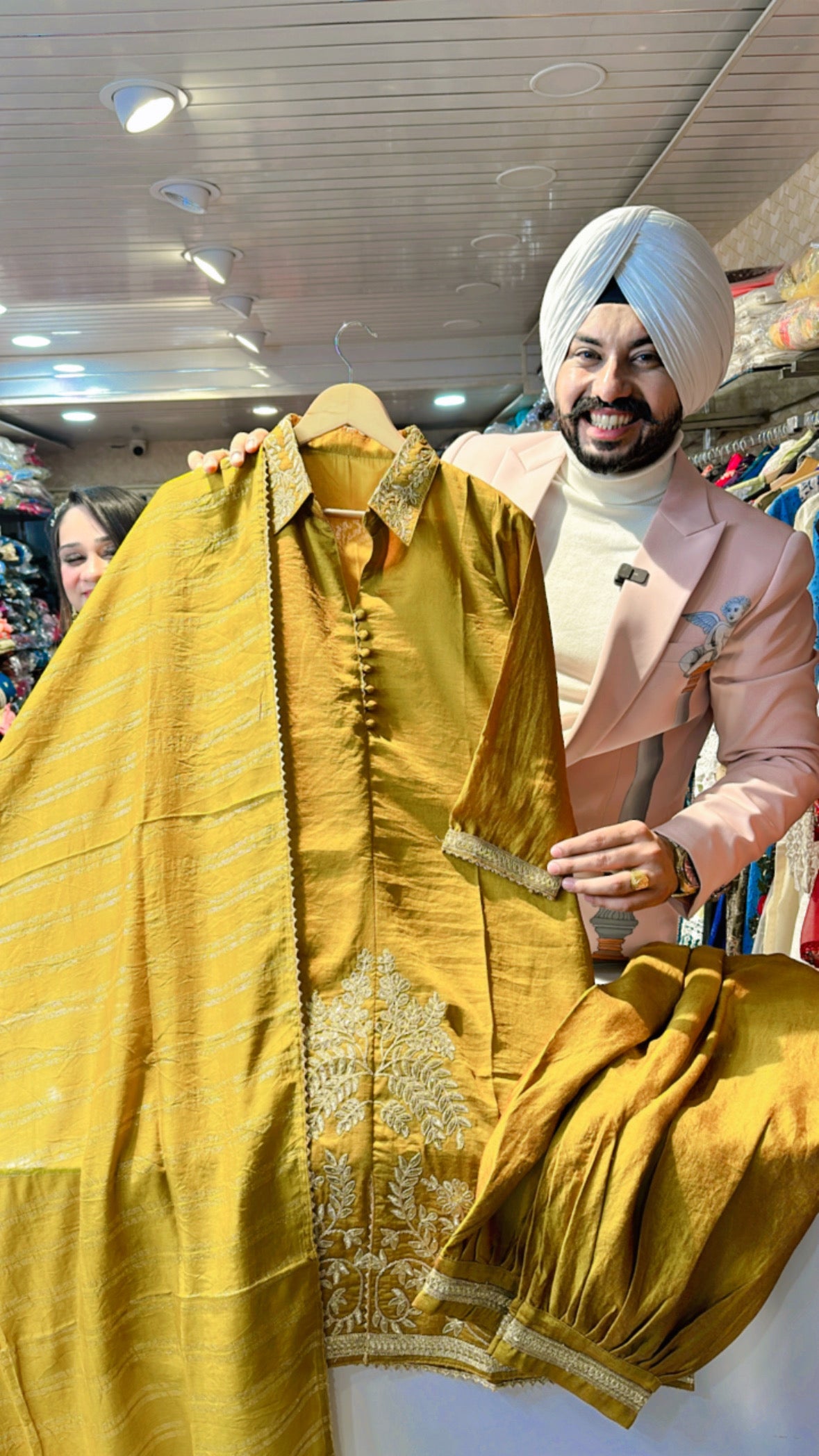 Goldnish yellow Dola Silk Hand work Pathani suit