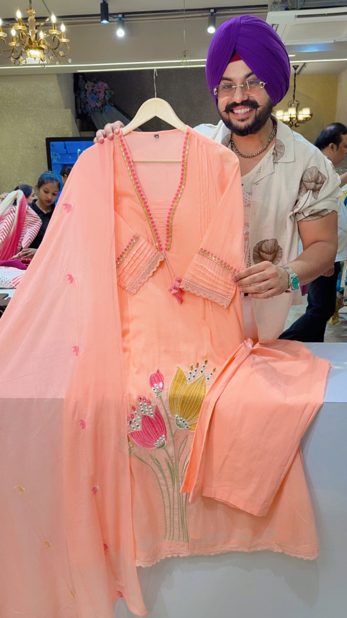 Peach Mal Cotton A-line Floral Embroidered Indowestern Semi Formal Summerish Suit