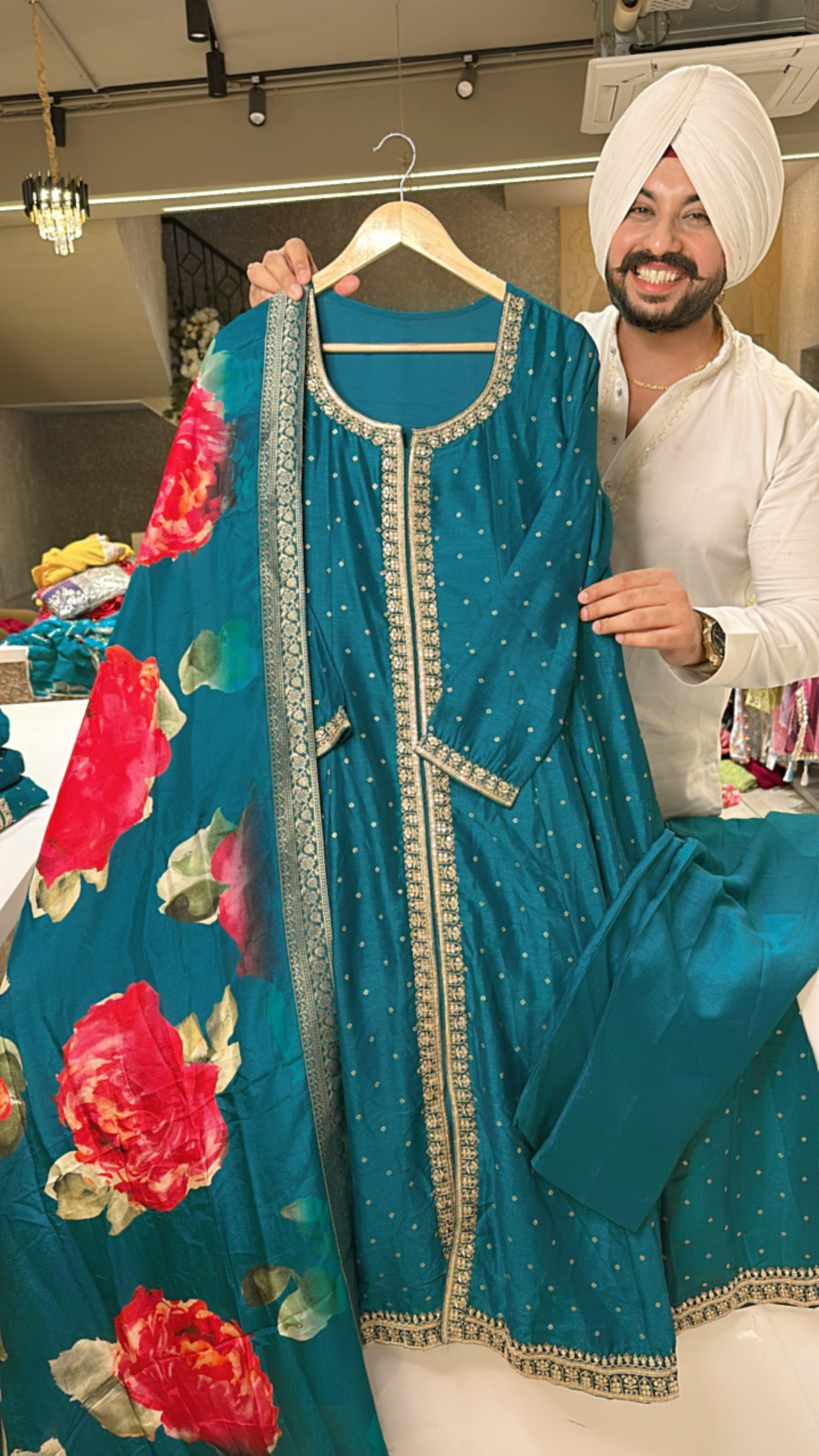 Peacock Chinon Embroidered Front slit Anarkali Suit with Beautiful Digital Floral print Duppata