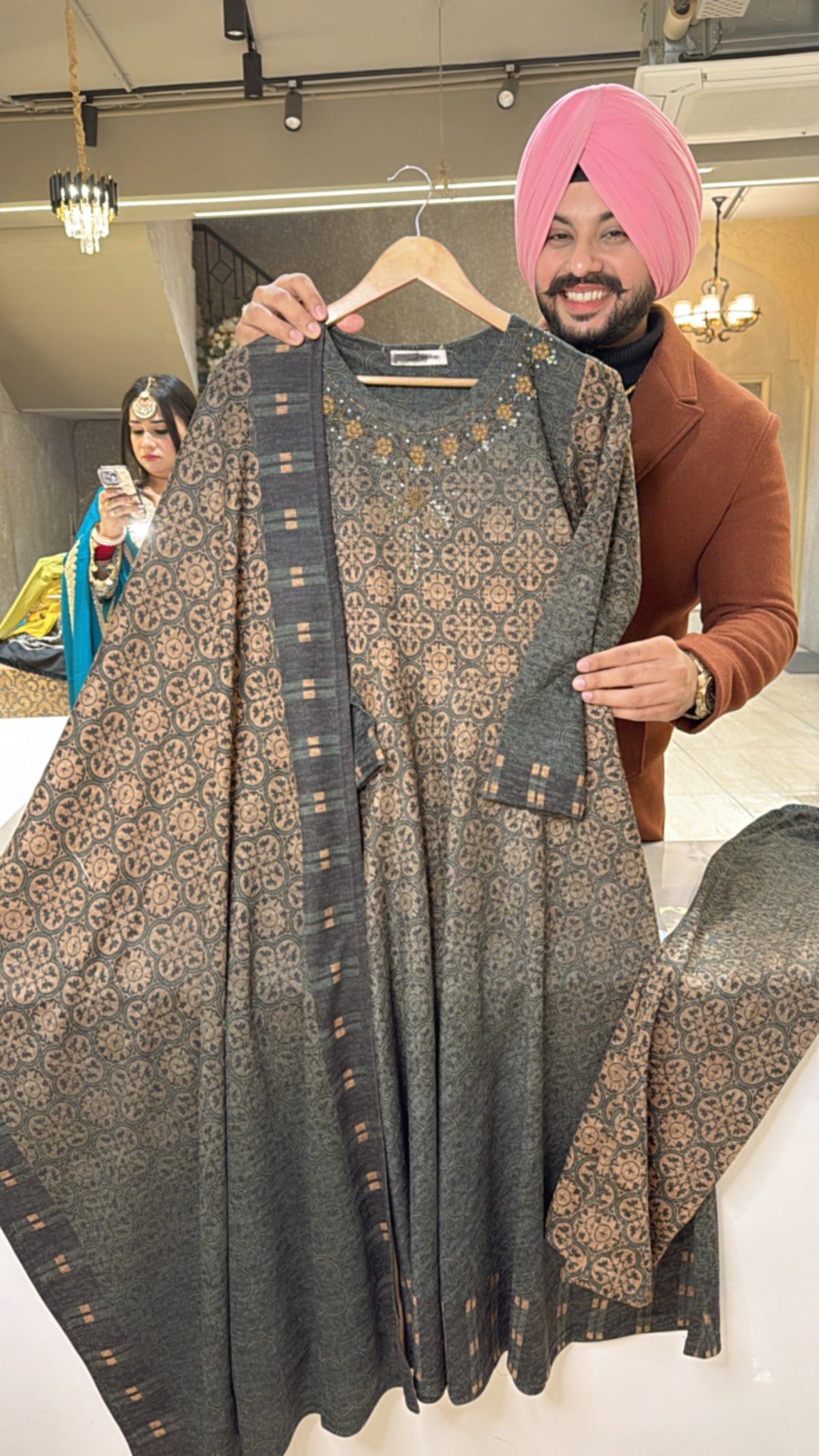 English Grey Karachi wool Fully Strechable Anarkali suit with Hand embroidery work on neck