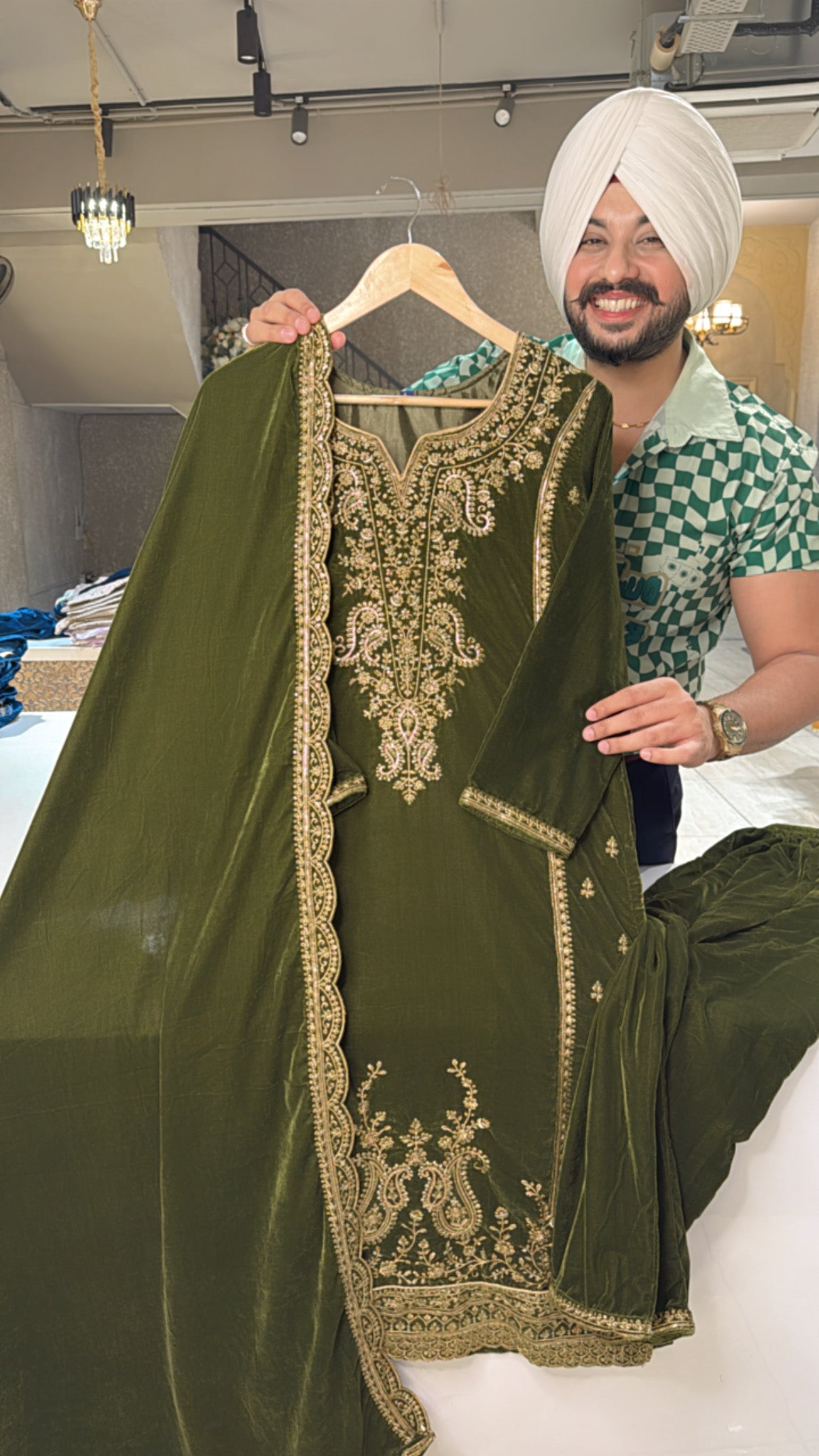 Green Velvet Heavy Embroidered Pakistani Suit with beautiful Duppata