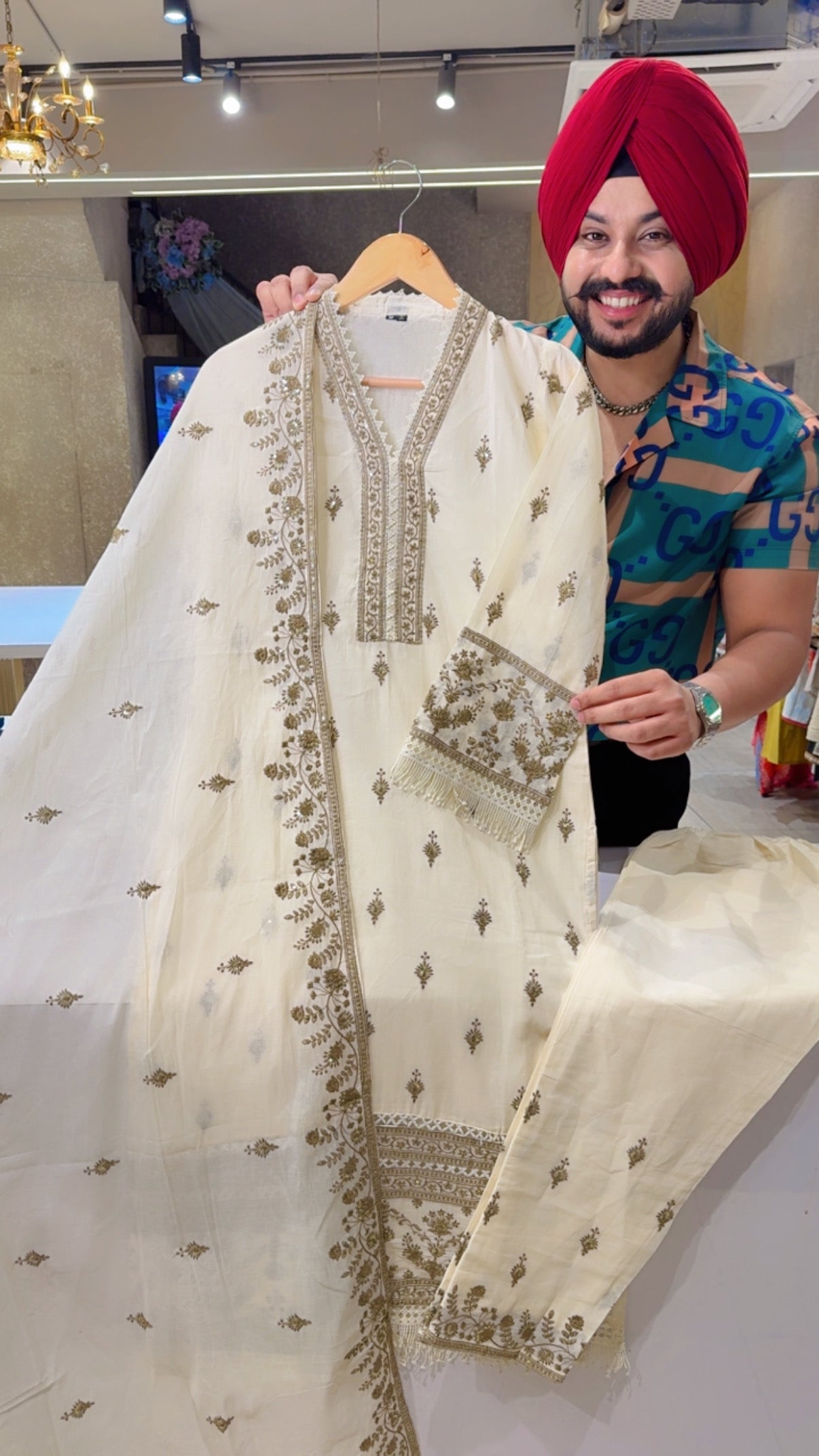 Off White Kora Cotton Fully Embroidered Kashmiri Suit