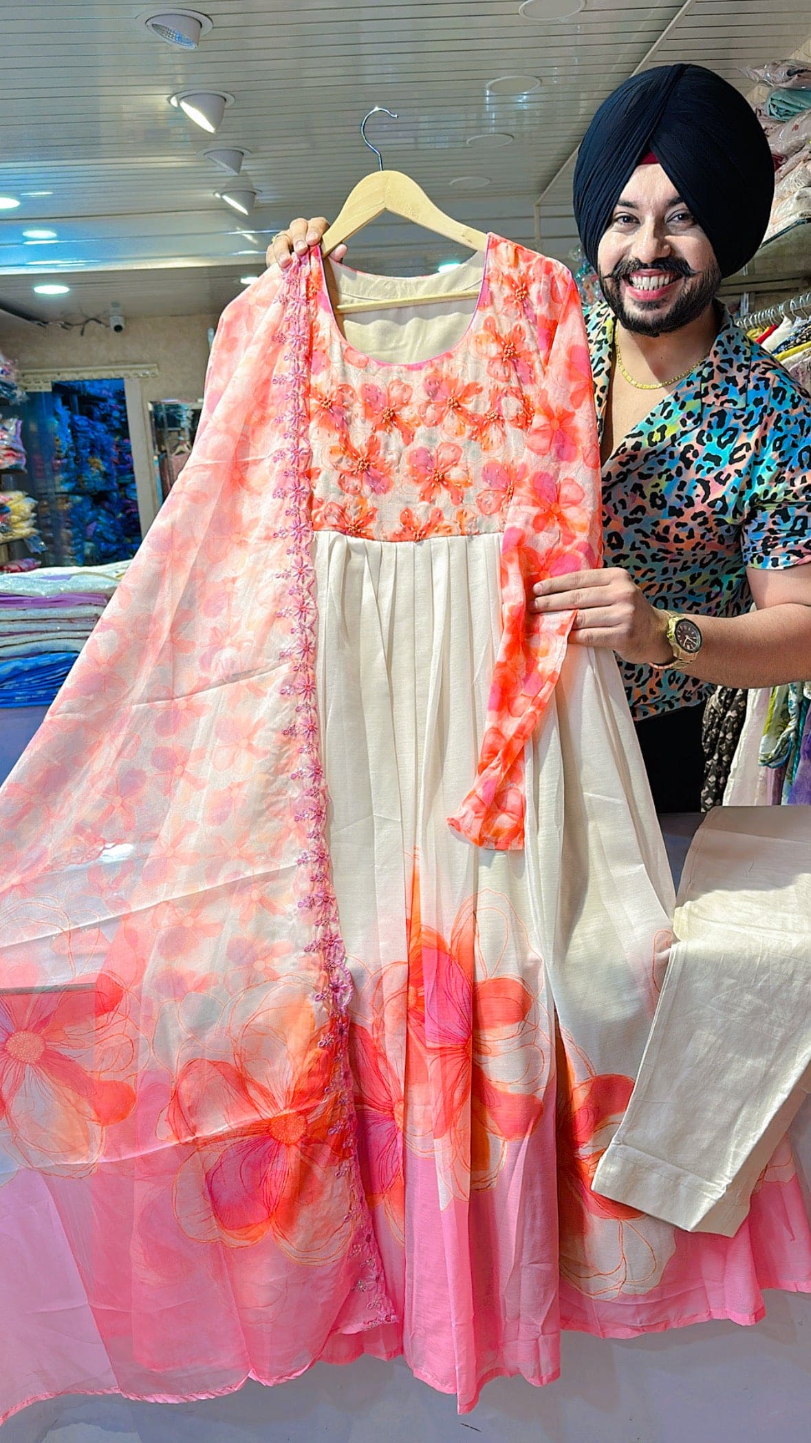 Orange & Cream Chiffon Anarkali suit with Beautiful Embroidery Work on neck & organza Duppata