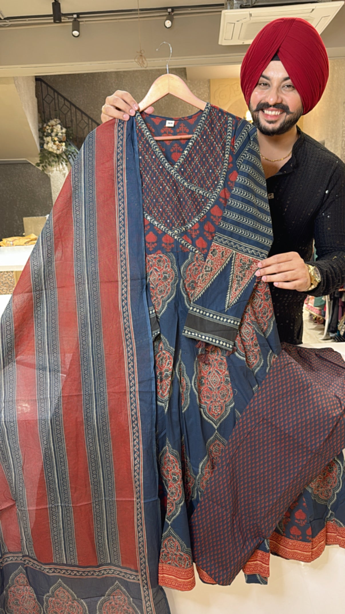 Blue Pure Cotton Angrakha Jaipuri Print Anarkali Suit with Beautiful Duppata