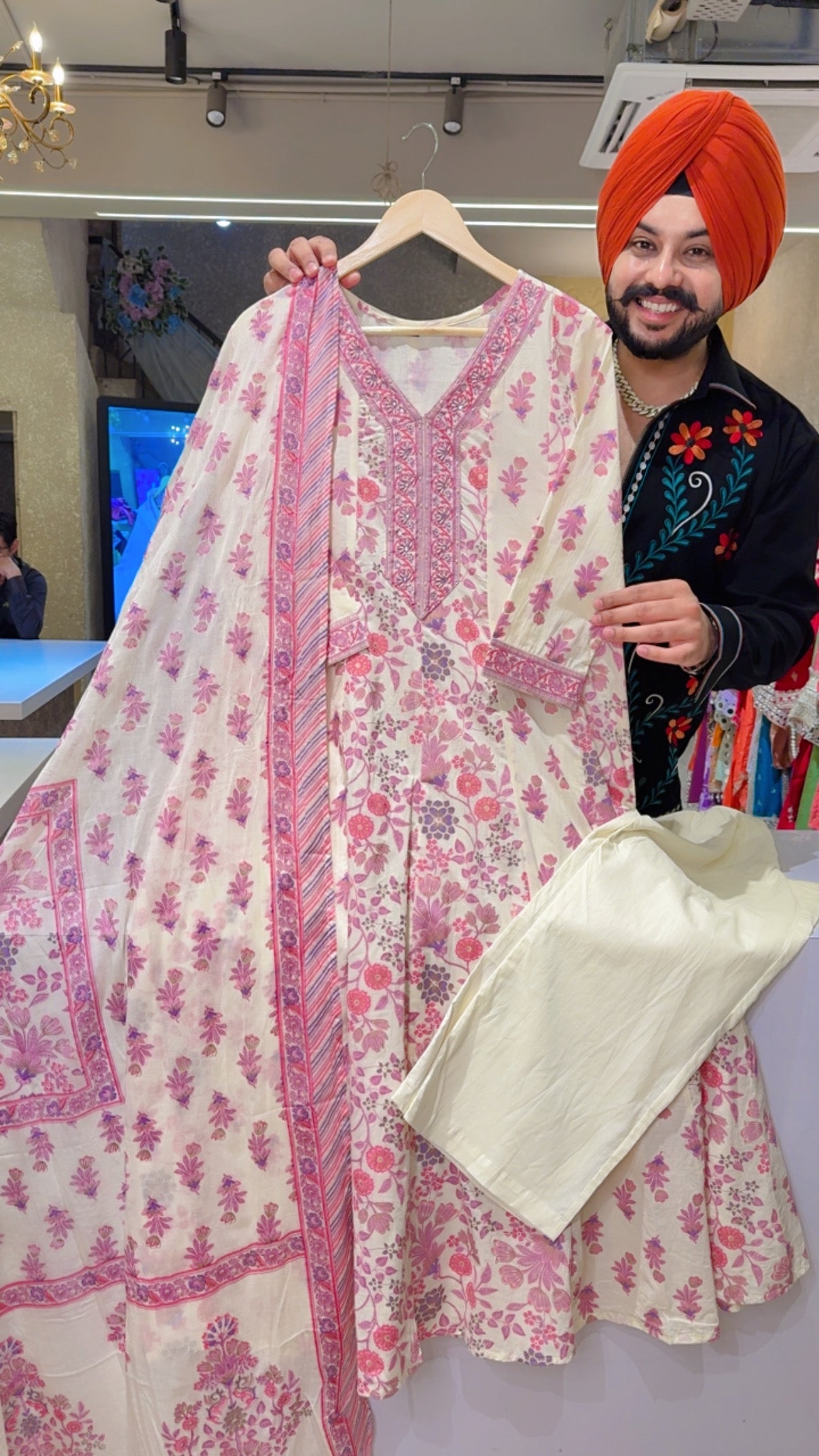 Cream & Pink Pure Cotton Floral Print Office Wear Anarkali Suit with Hand embroidery Work on Neck