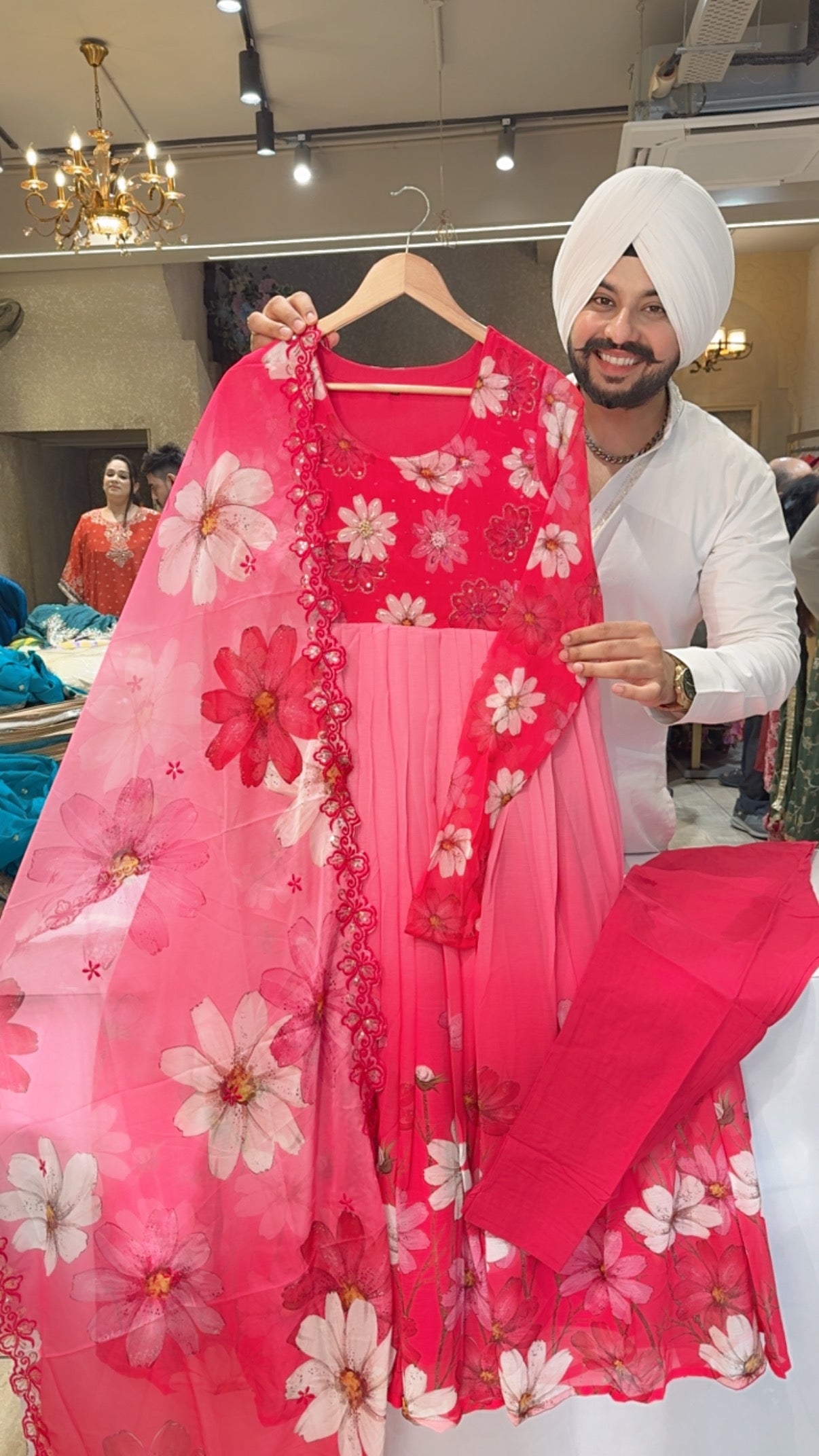 Soft Chiffon Floral Print Hand Embroidered Anarkali Suit with Beautiful Sequins work Organza Duppata