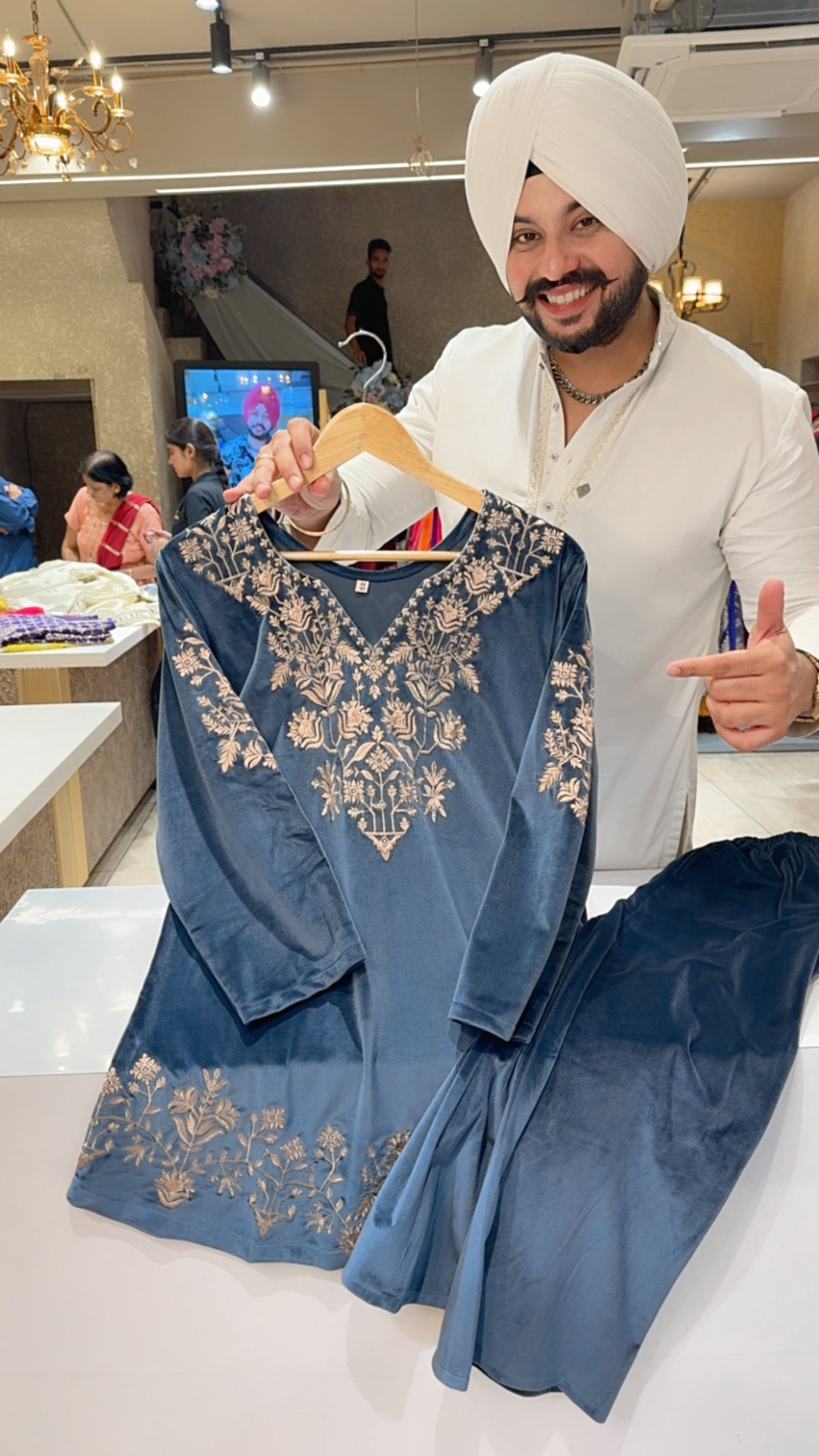 Greyish Blue Matt Velvet Embroidered semiformal Coord set main image 1