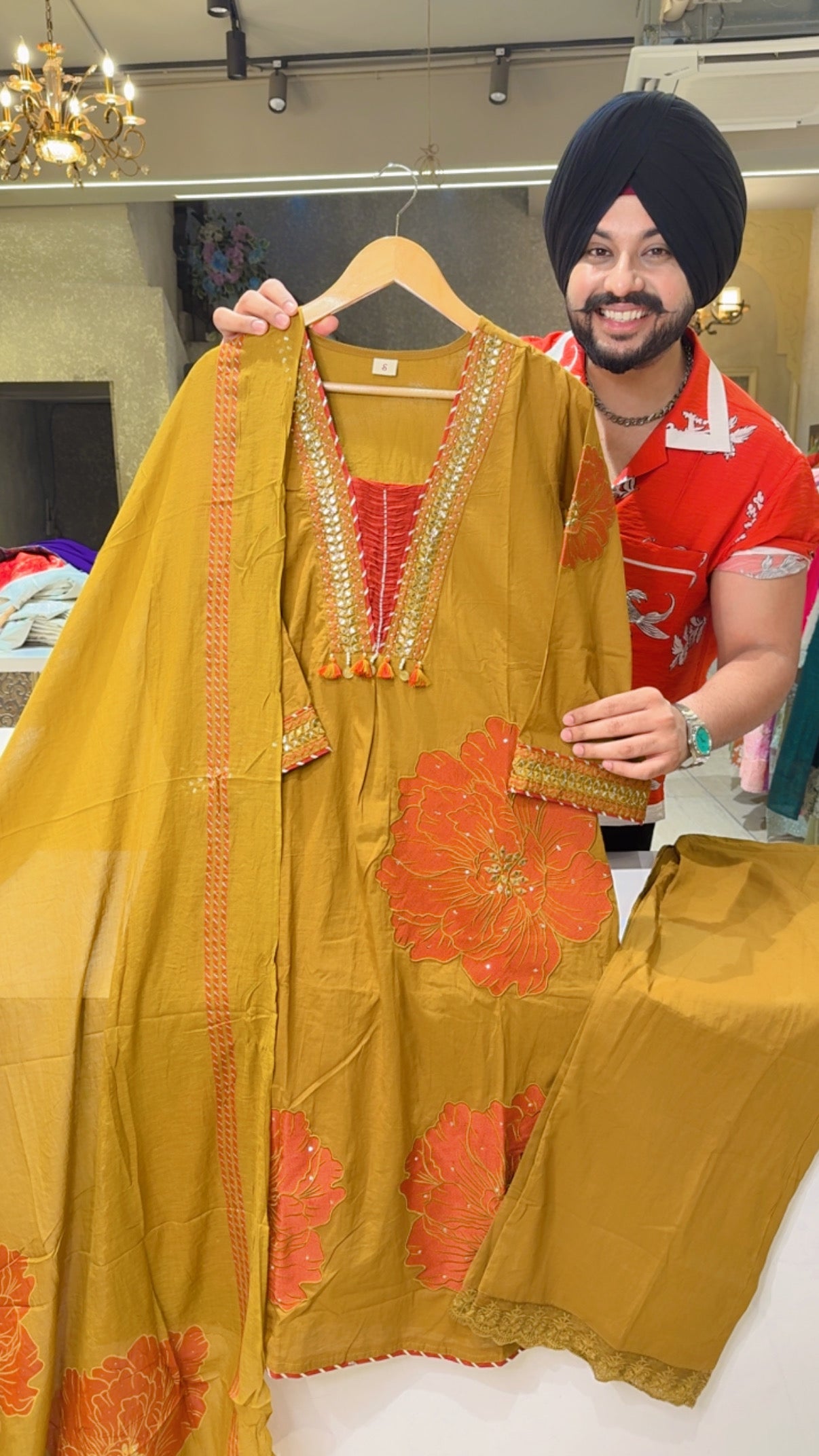 Mustard Yellow Pure Cotton Floral Embroidered Straight Suit with Hand embroidery Work on Neck