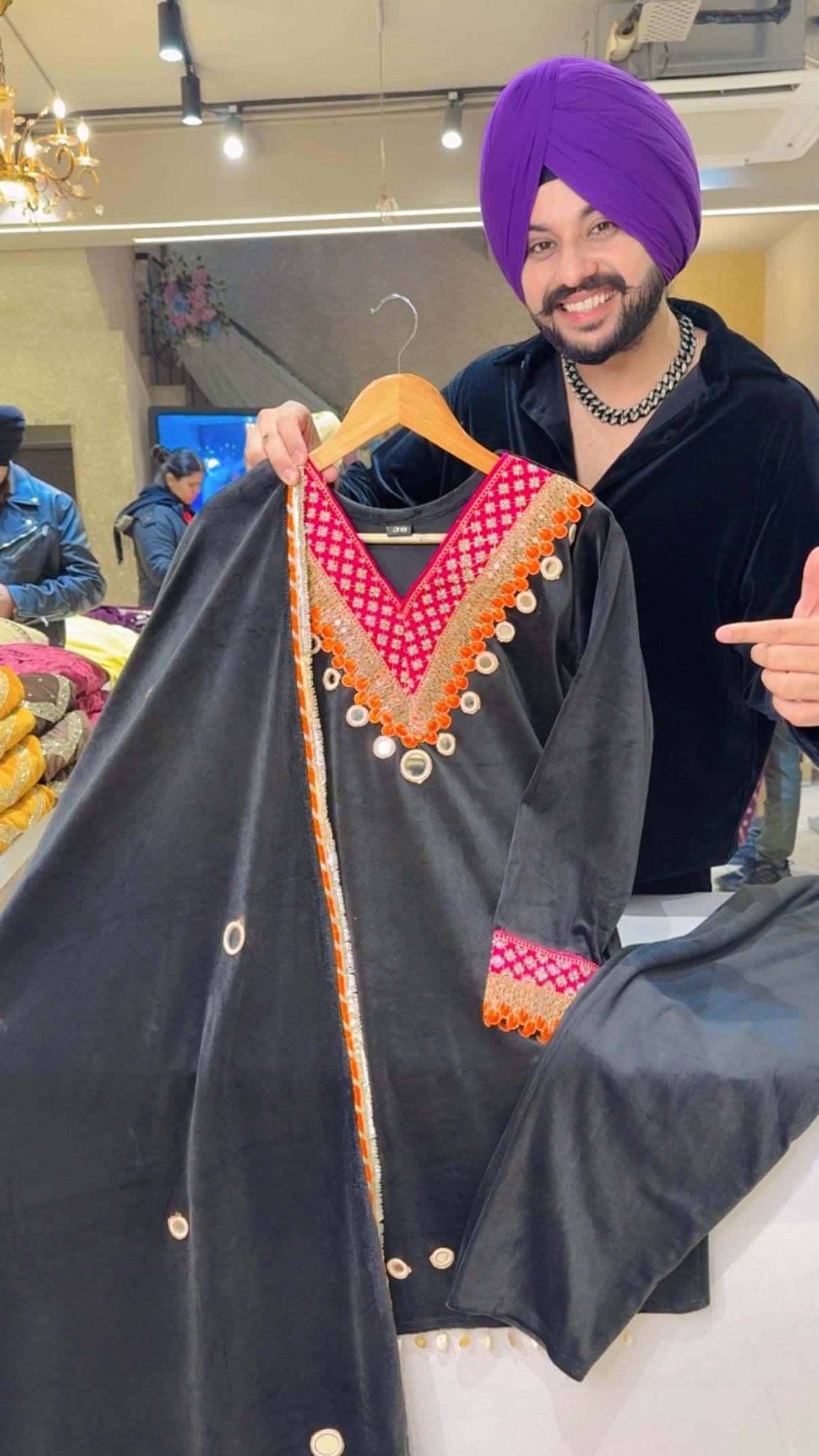 Black Matt Velvet Office Wear Indowestern Suit with Beautiful Embroidery & Mirror work on it