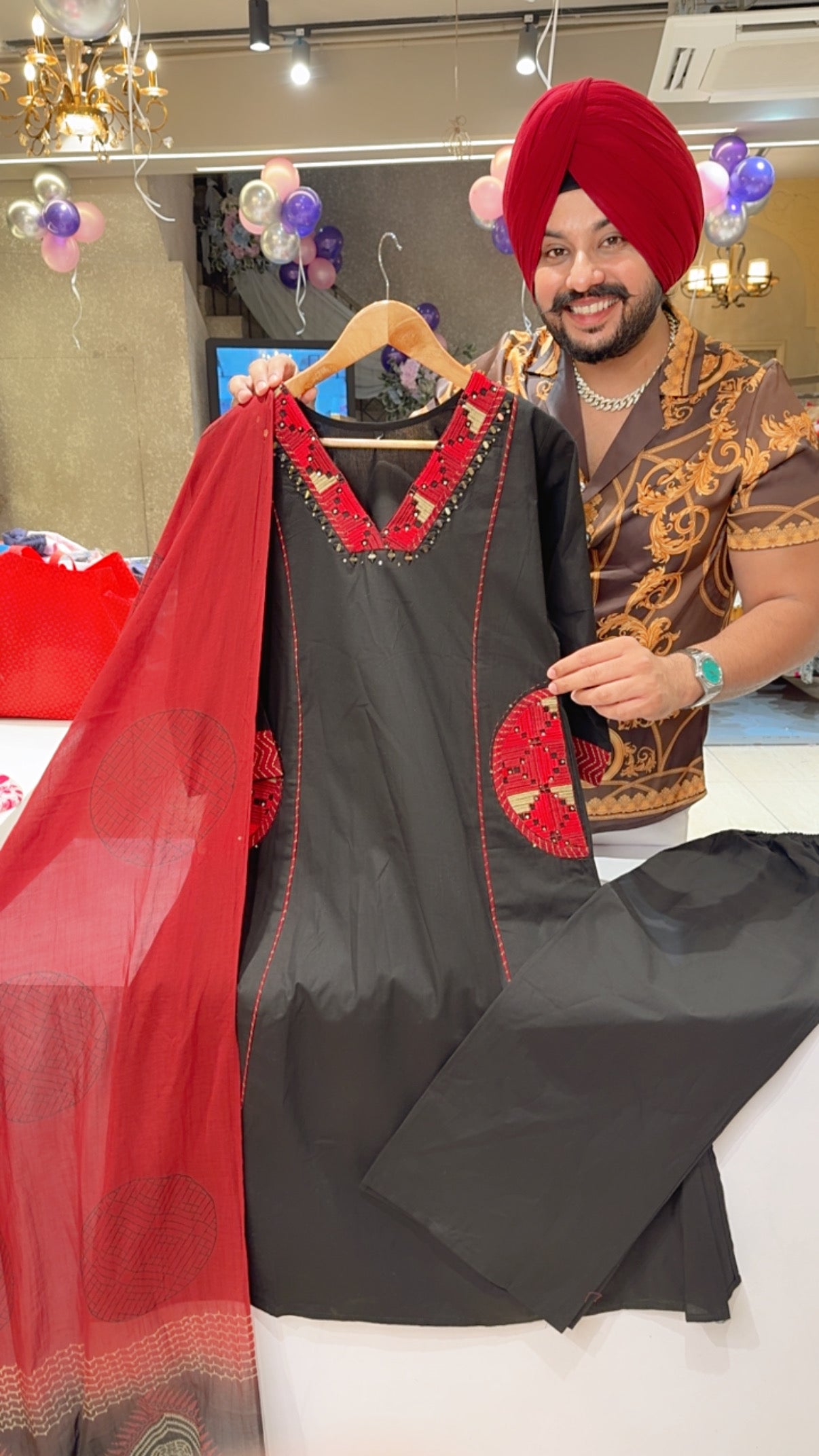 Black pure Cotton Office Wear Suit with Beautiful Embroidery Work On Neck & Pocket
