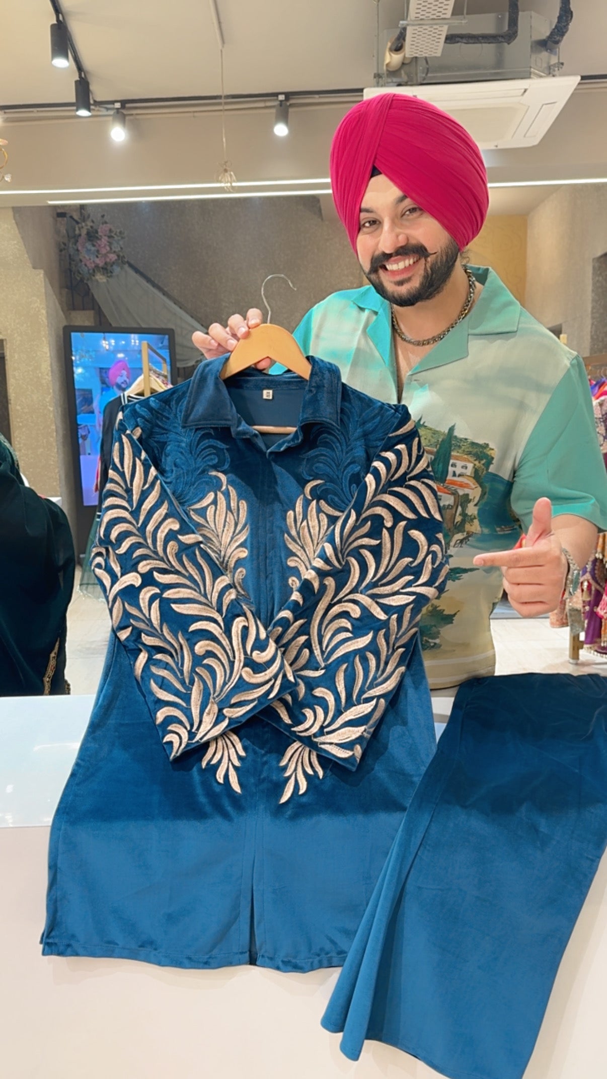 Teel Colour Stretchable Velvet Heavy Embroidered Party Wear Coord set