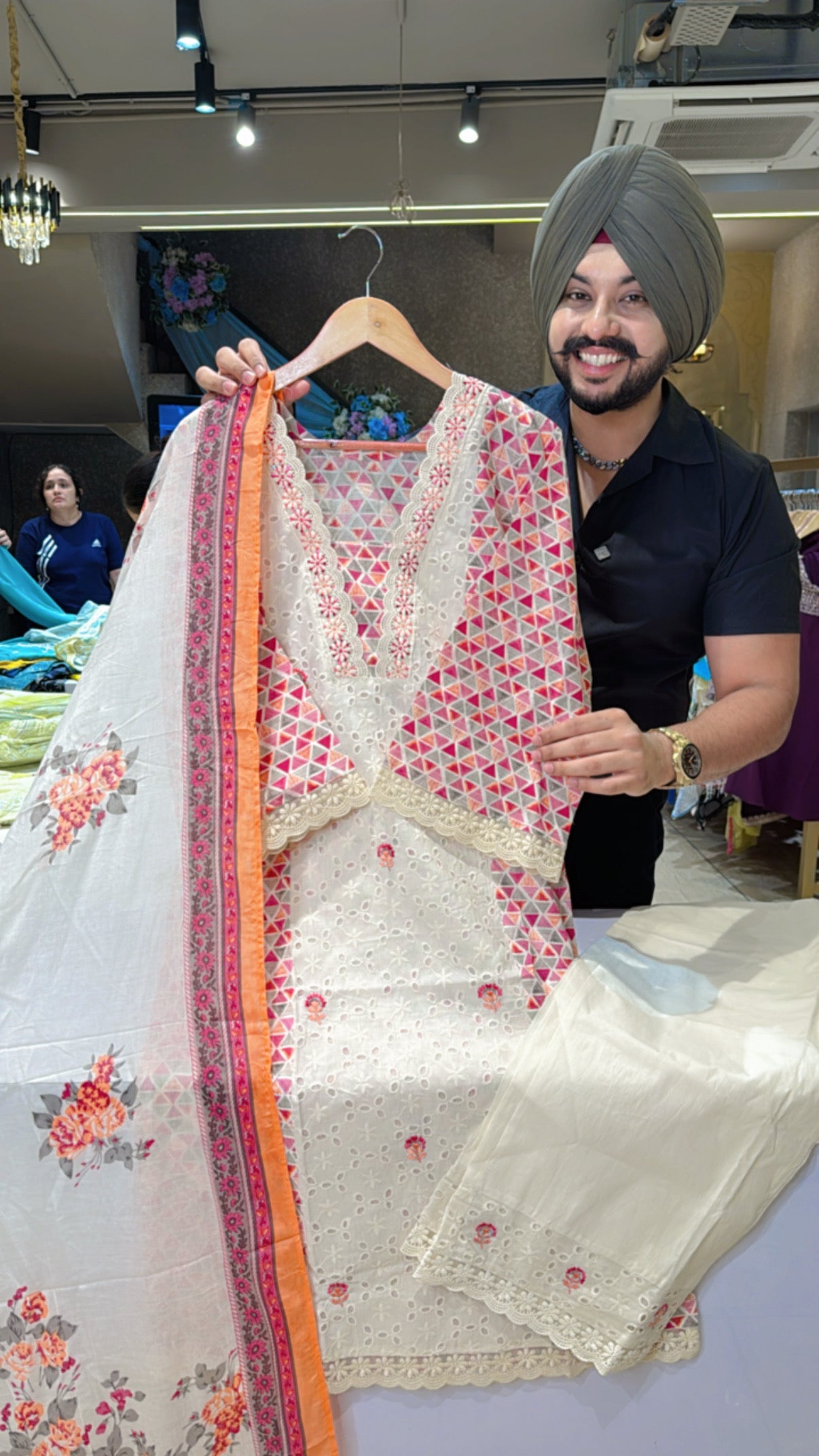 Off white & Pink Pure Cotton Shifli Work Straight Suit with beautiful Duppata