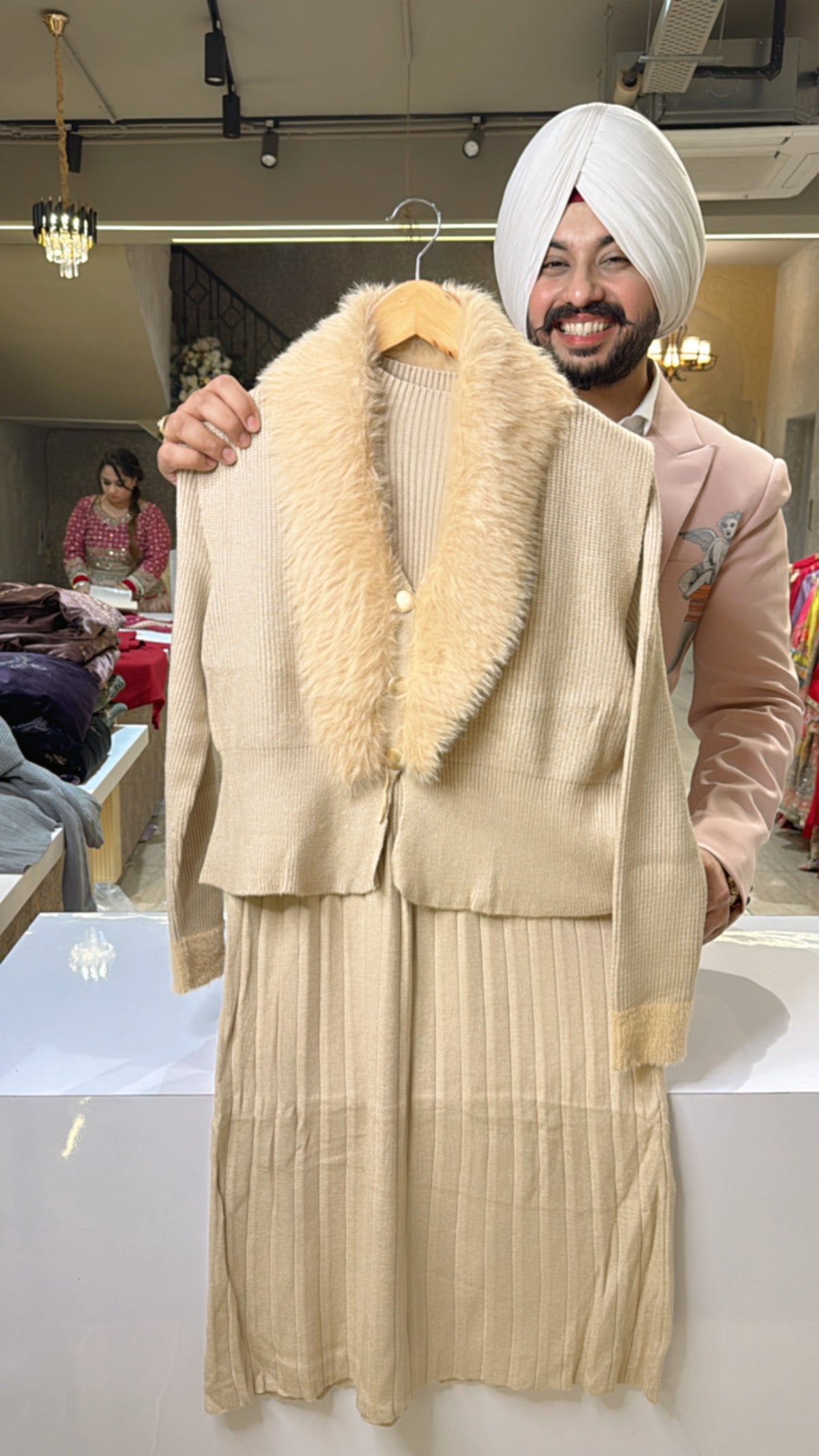 Light Beige Imported Strechable woolen Knee Length Dress with Woolen Furr jackets
