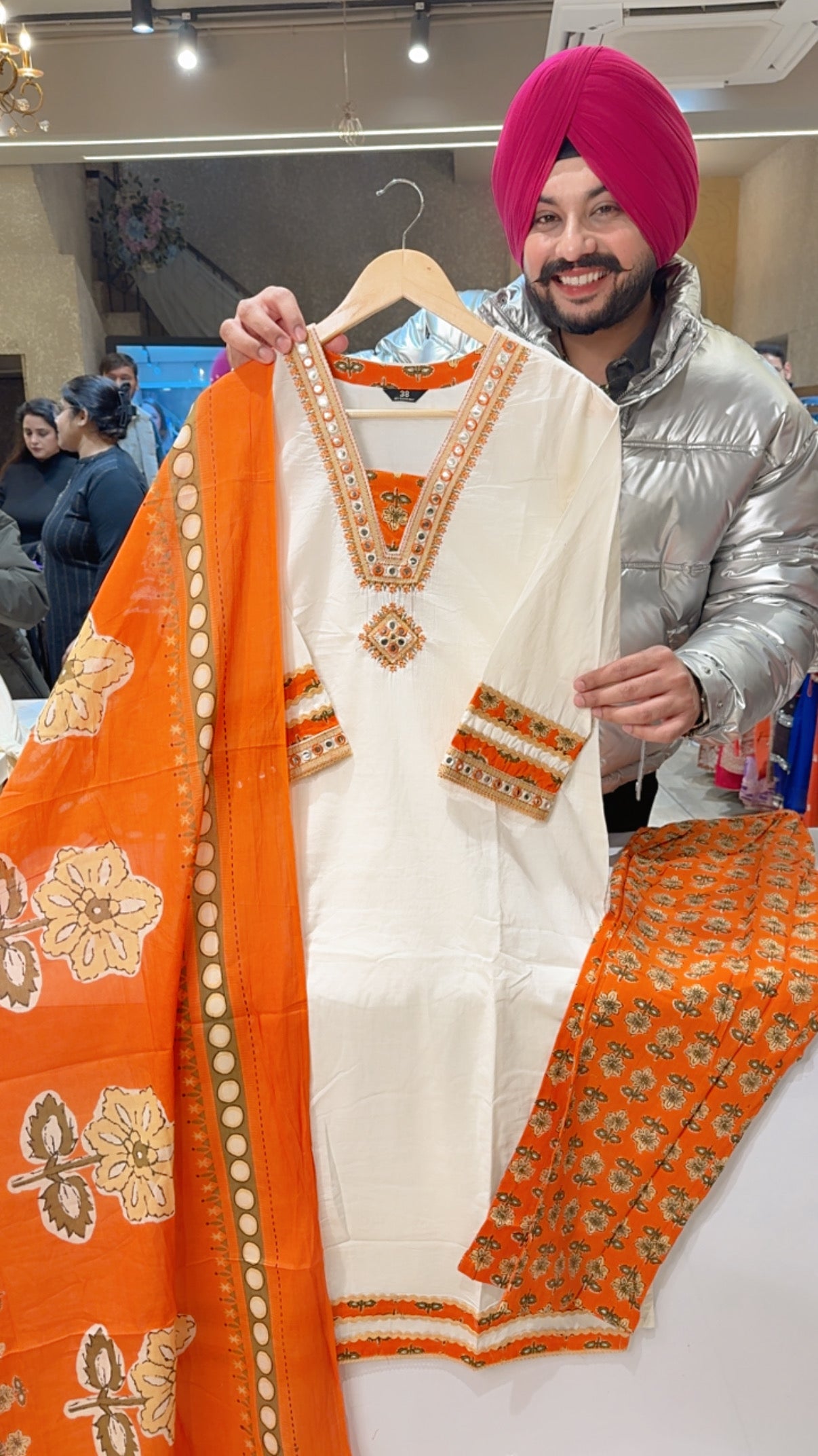 Off White & Orange Semi formal Pure Cotton Suit with Sleek Embroidery Work on Neck