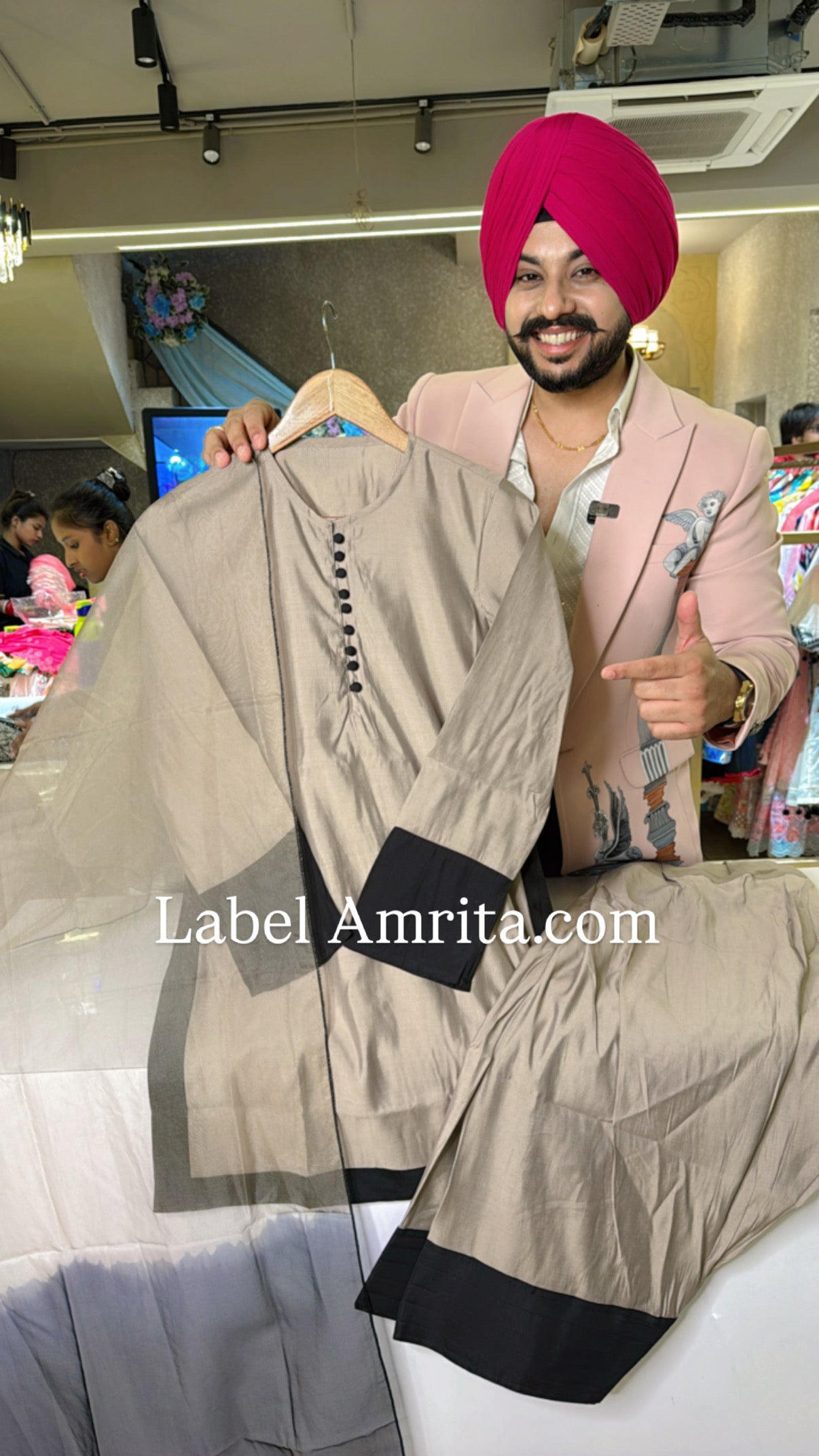English Beige Roman Silk Farshi Salwar Suit with Tie & Dye Organza Duppata