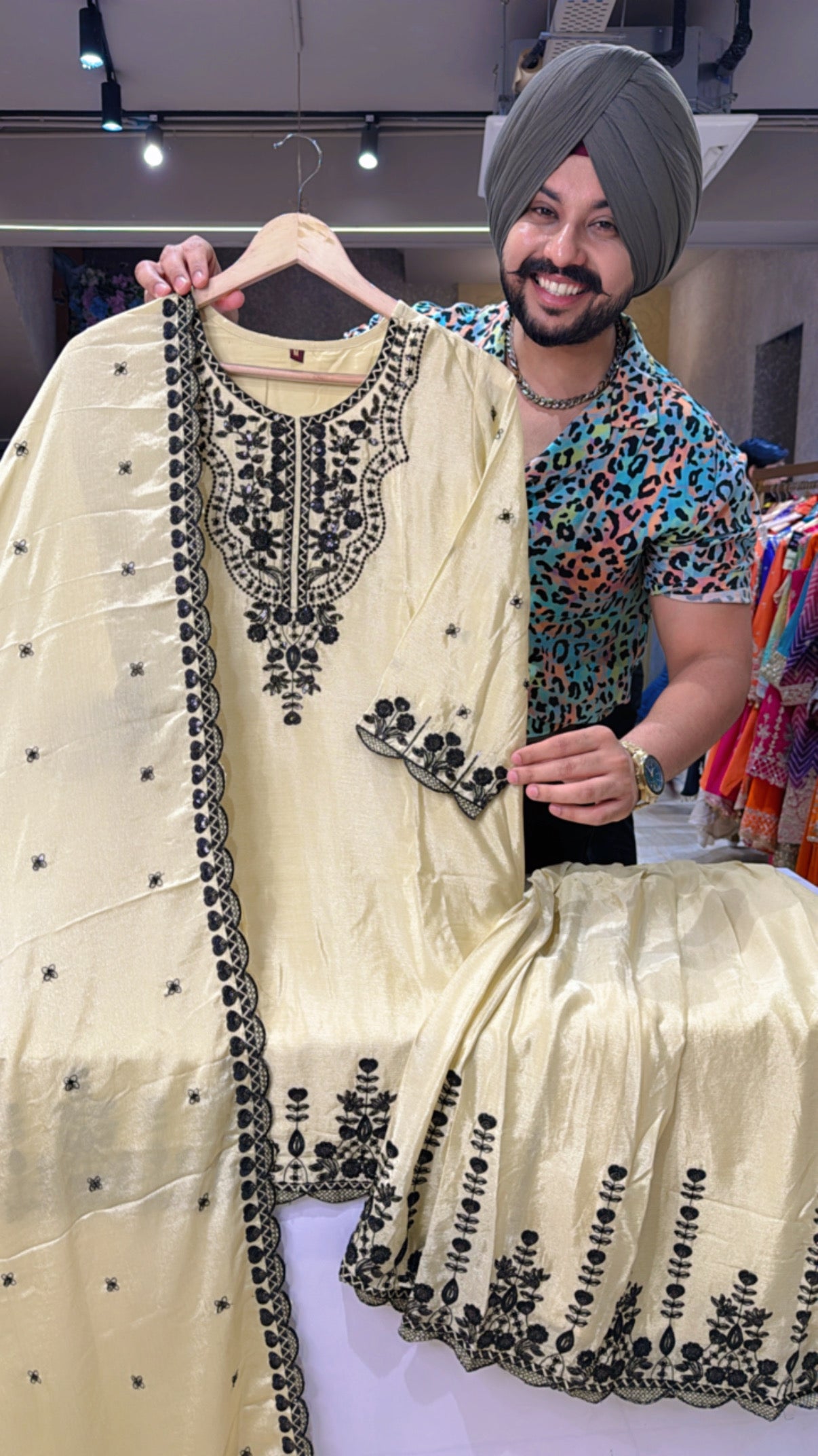 Goldenish Beige Chinon Heavy Black Embroidered & Sequins work Sharara Suit with Beautiful Duppata