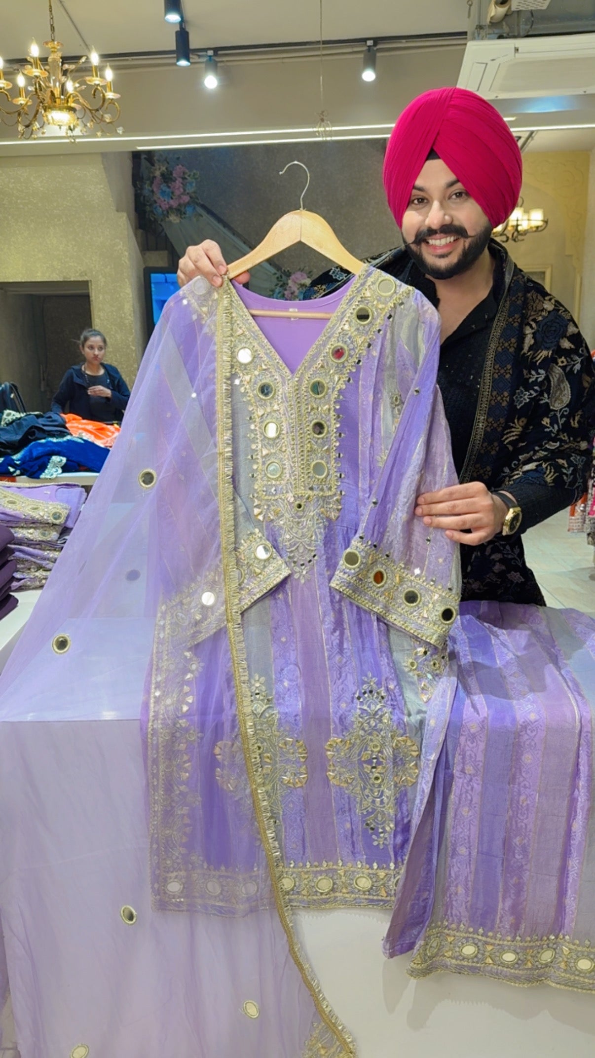 Lavender self Textured Soft Silk Mirror & Hand Embroidered Plazo suit with Beautiful Mirror Work organza Duppata