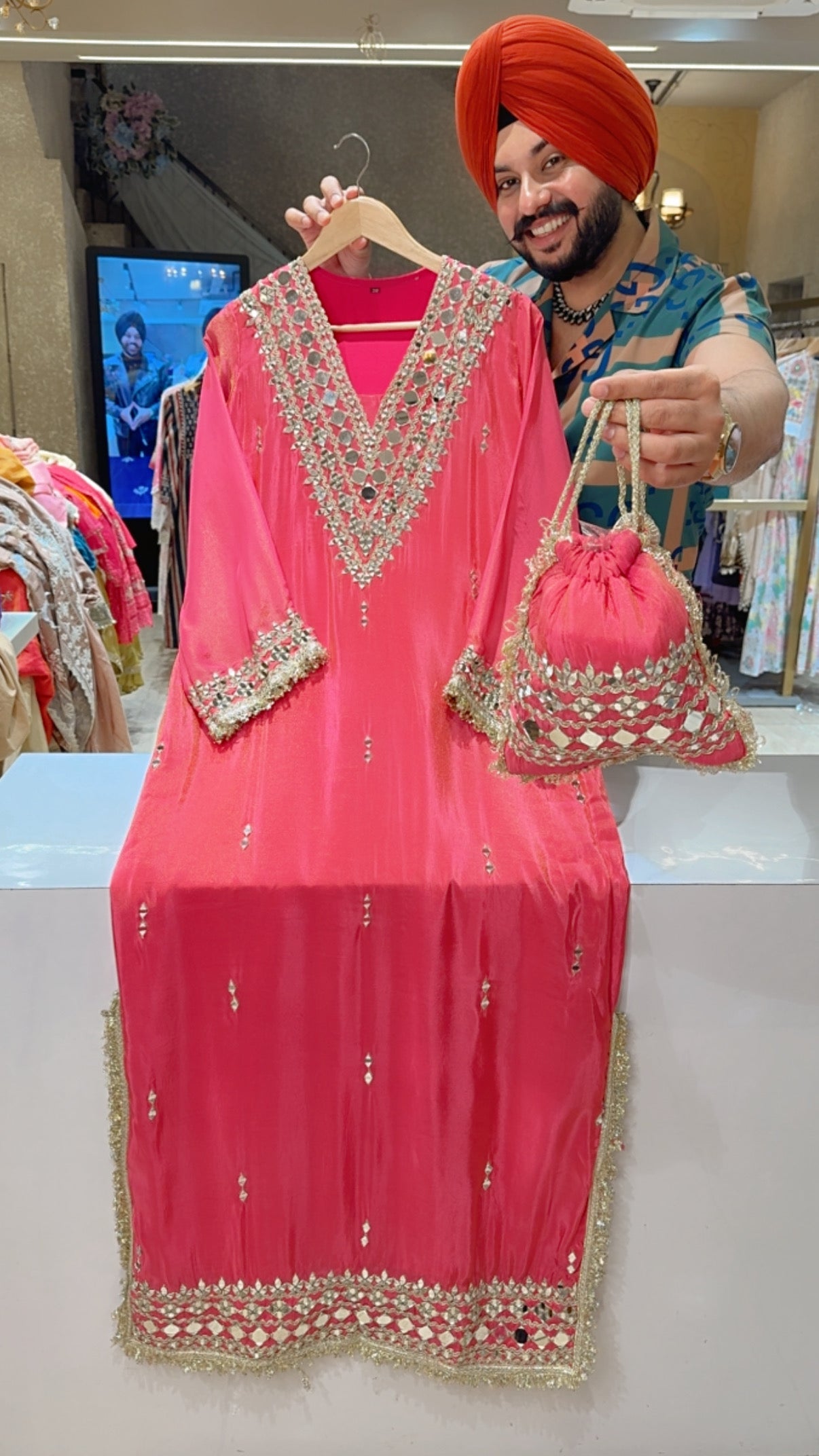 Hot Pink Colour Shimmer Silk Heavy Mirror & Gotta work Straight Long Dress with Cute Mirror work Potli