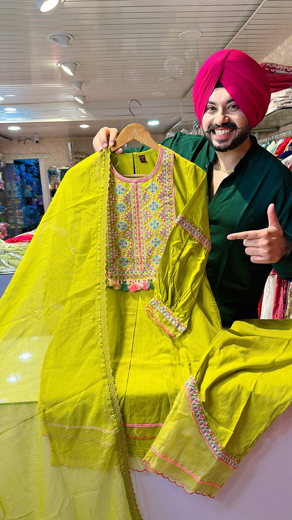 Lime pure Cotton Indo-western Coord set with Stylish Plazo & Duppata