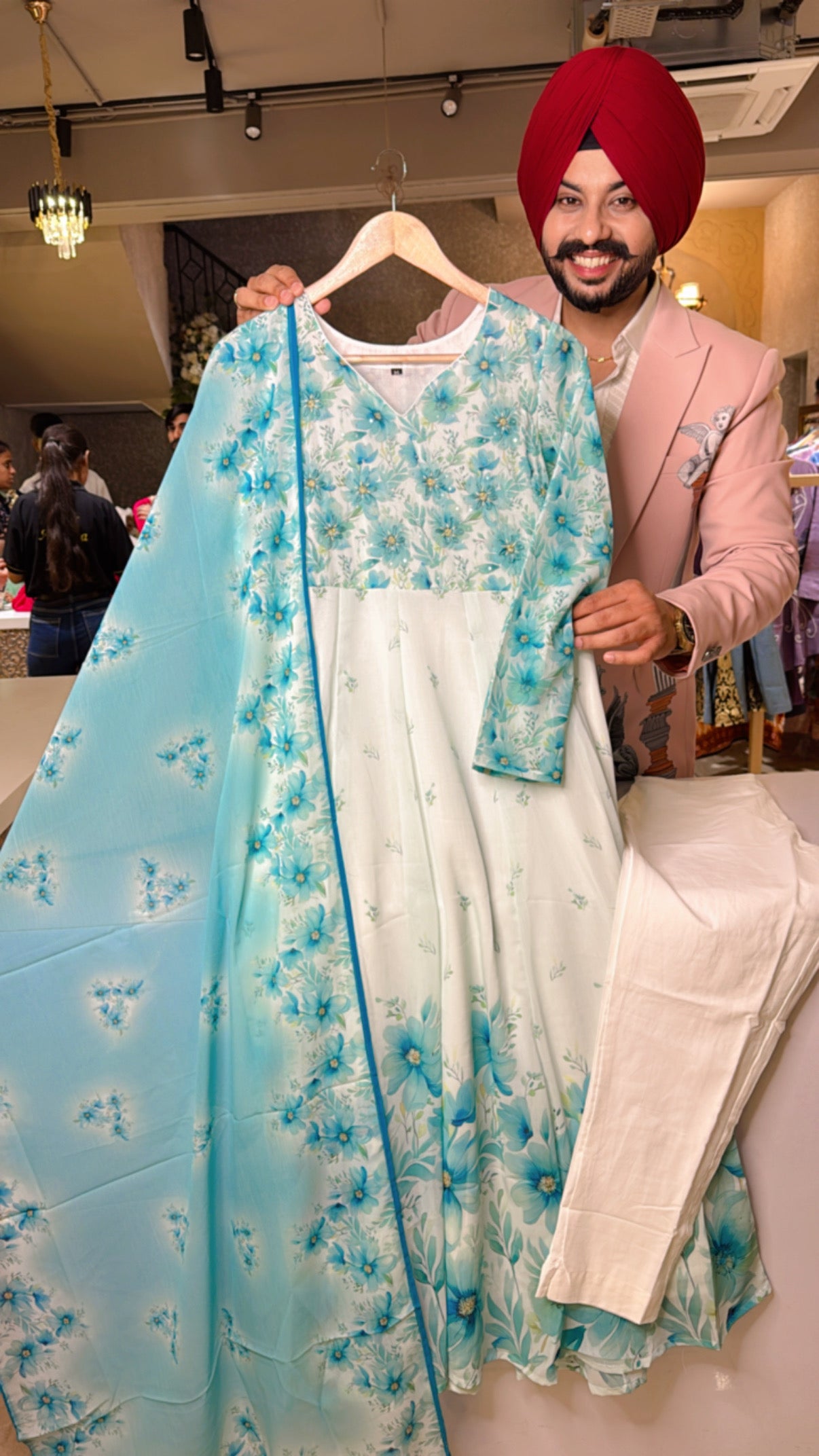Moon White & Turquoise Chinon Full Flair Girlish Anarkali suit with Hand Embroidery work onneck
