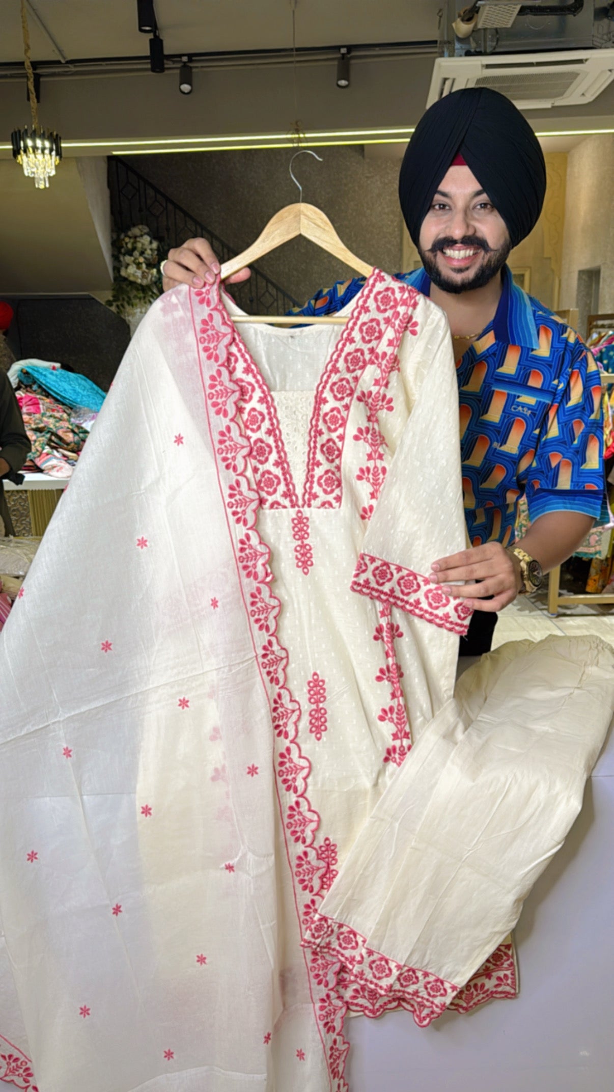 Off white & Gajri Kora Cotton Heavy embroidered Straight Suit with Beautiful Embroidered Duppata
