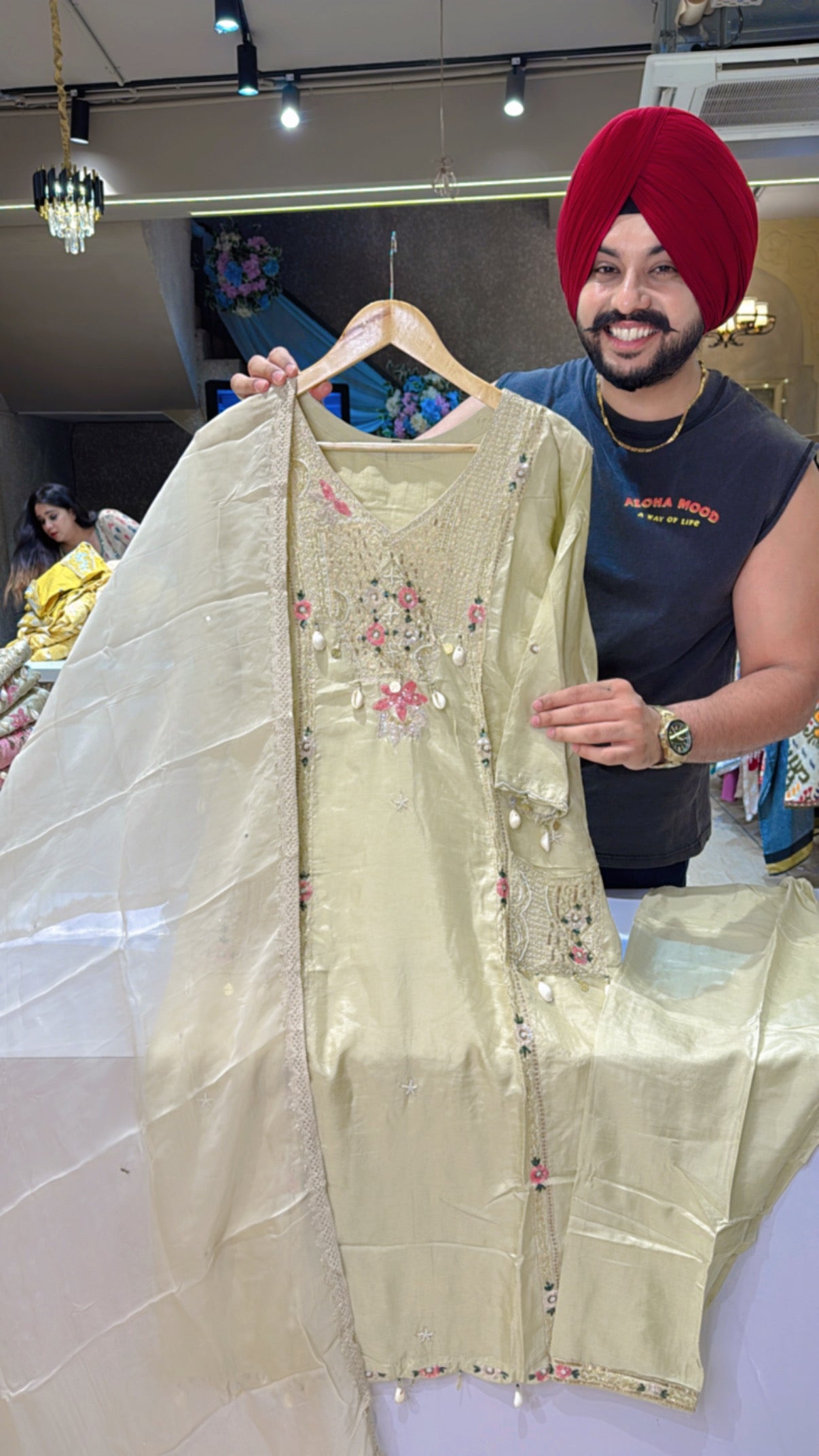Light beige Dola silk heavy hand embroidered Straight suit with designer front pockets