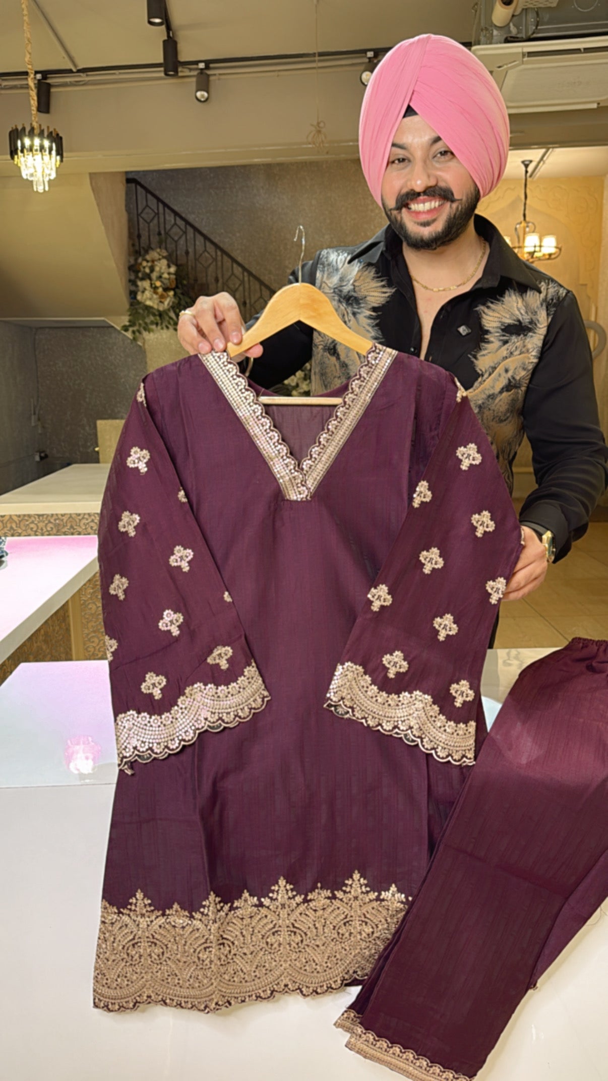 Dark Wine Matt Silk V-neck Heavy Sequins Work Coord set