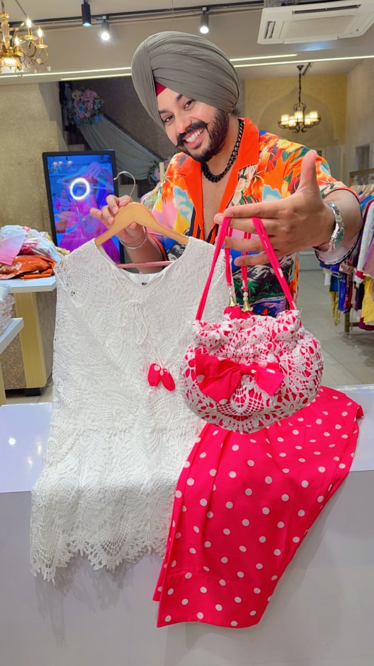 Moon White crochet Party Wear Coord set with Hot pink Polka Farshi Salwar & stylish Purse