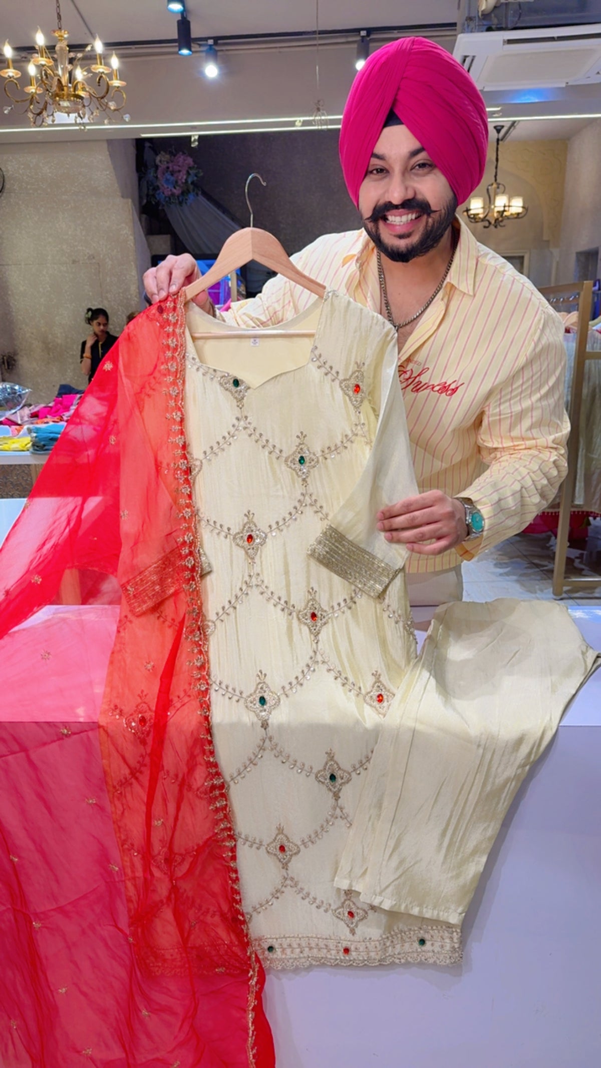 Ivory & Red Shimmer Silk Fully Stone Hand Embroidered Party Wear Royal Suit