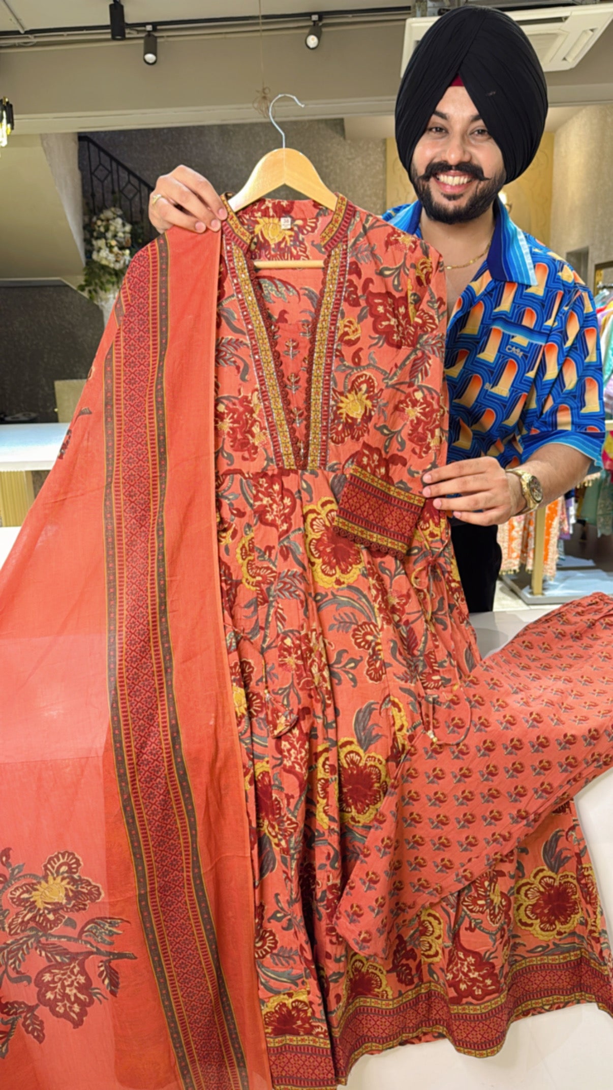 Rust & maroon Pure Cotton A-line Anarkali Suit with Hand embroidery work on neck