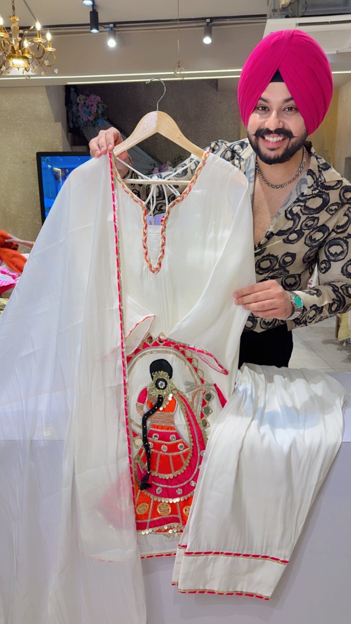 Off white Mal chanderi Doll Hand Embroidered Designer Farshi Salwar Suit