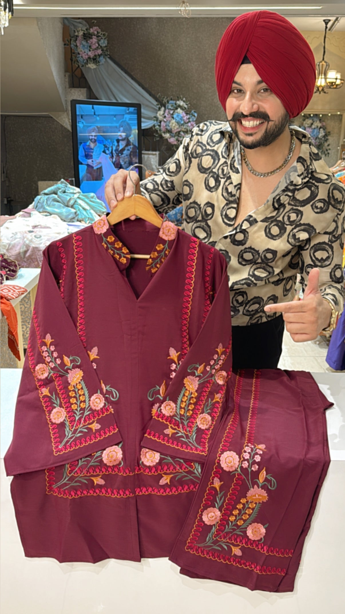 Maroonish Wine Strechable Heavy Embroidered Kashmiri Coord set