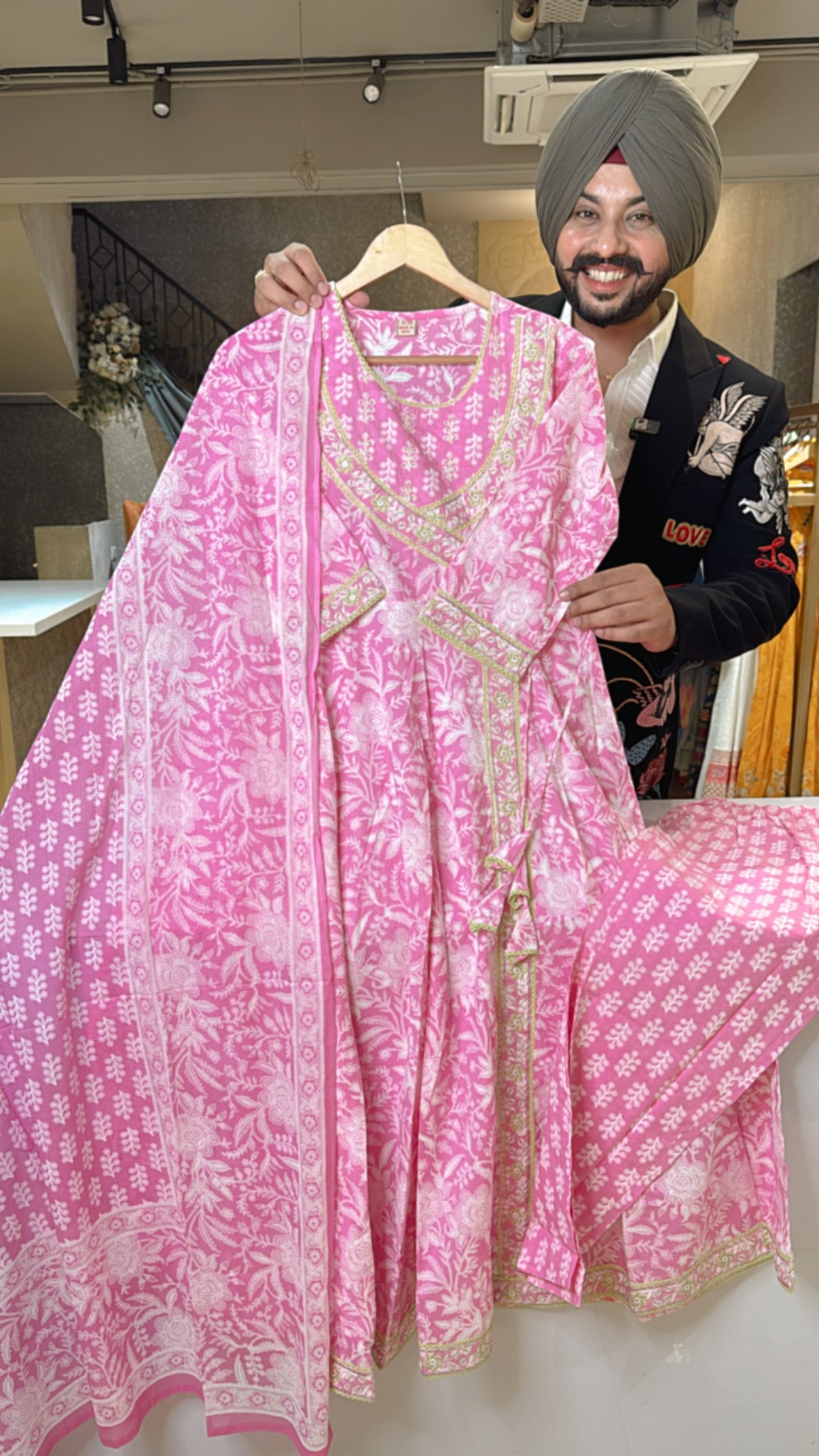 Rose pink Pure Cotton Embroidered Angrakha Full Flair Anarkali suit with Beautiful Dupatta