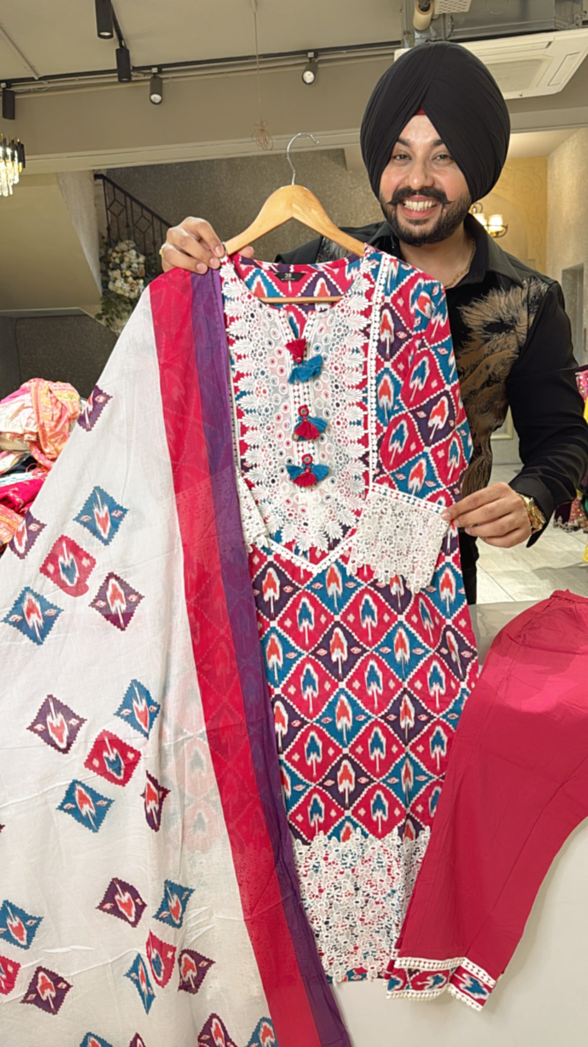 Rani pink Pure Cotton Crochet Lace Work Pakistani Suit with Beautiful Duppata