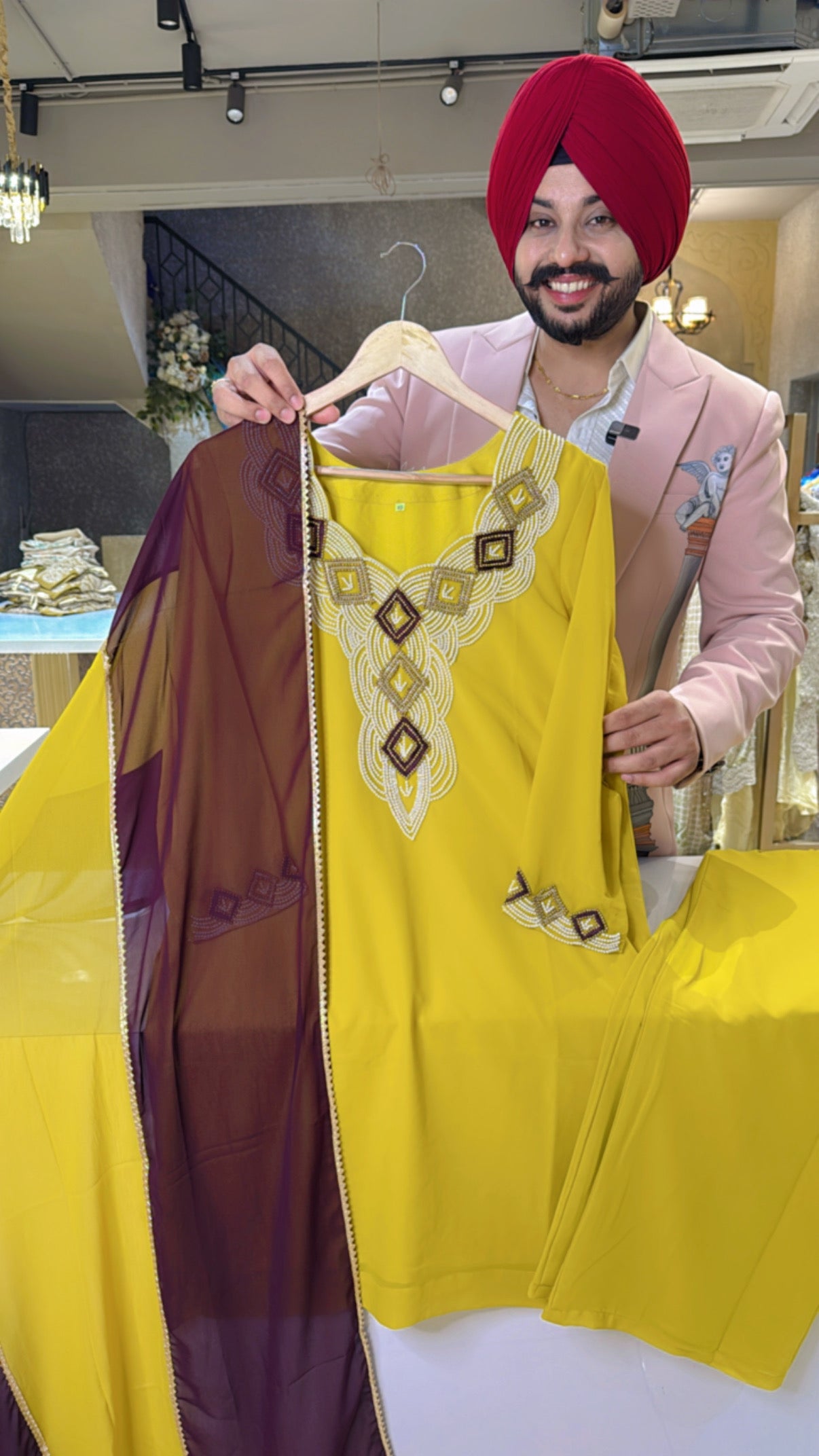 Yellow Georgette Indowestern Suit with Beautiful Pearl Hand work on neck