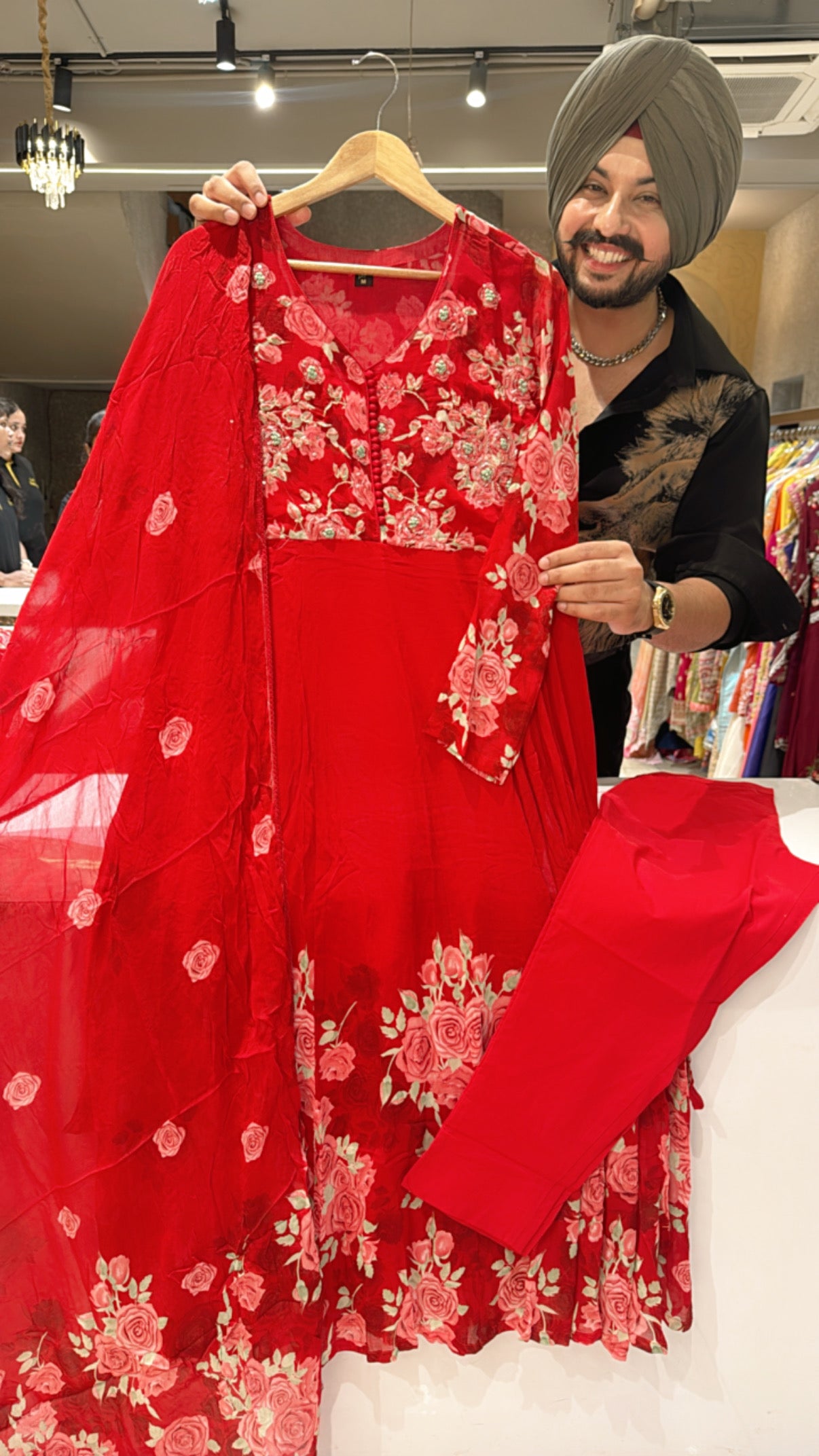 Rose Red Georgette Floral Print Full Flair Anarkali Suit with Hand embroidery Work on neck & Sleek Dupppata