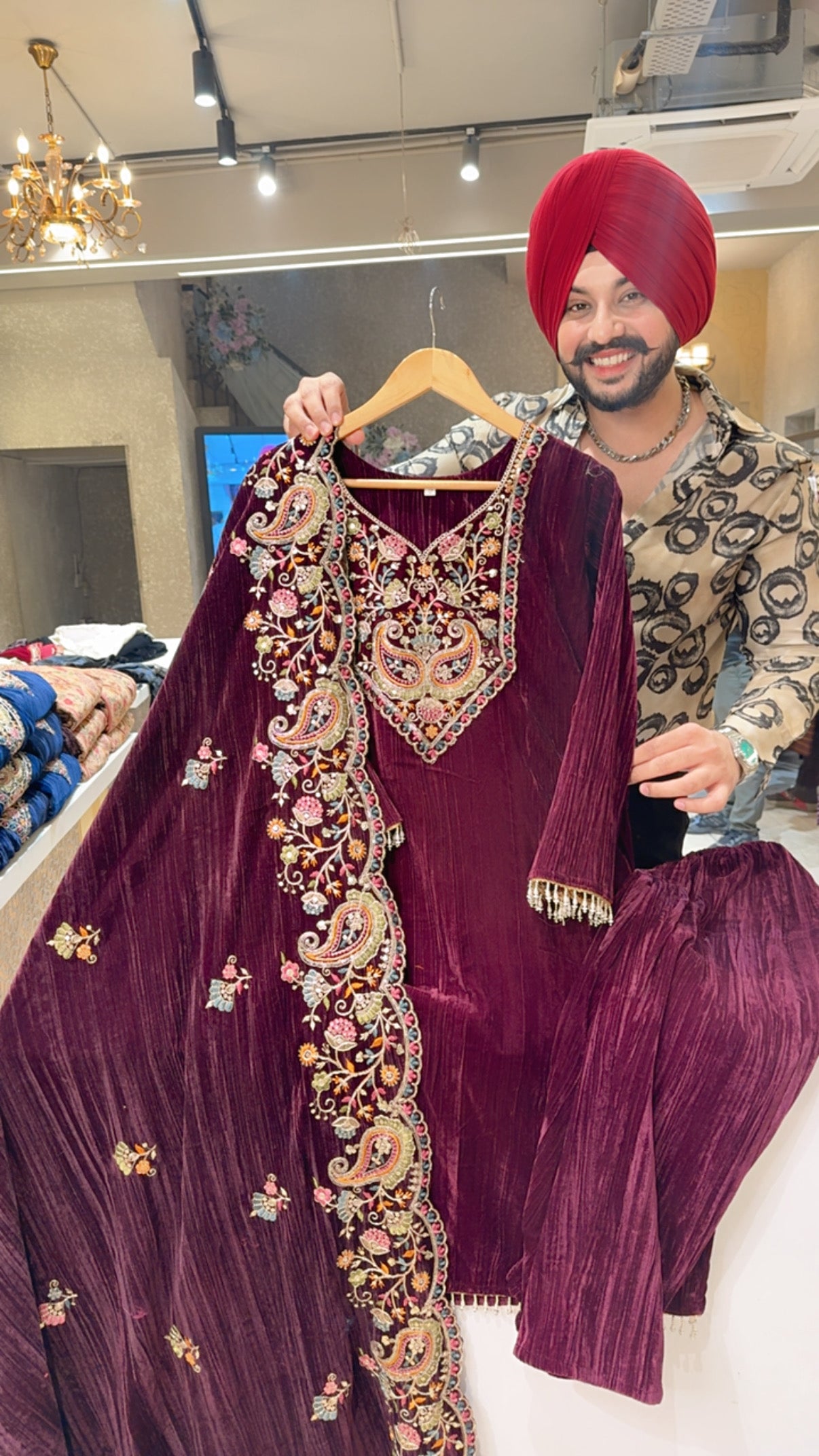 Maroonish Wine Crush Velvet Party Wear Straight Suit with Heavy Embroidered Work on Neck & Full Length Duppata