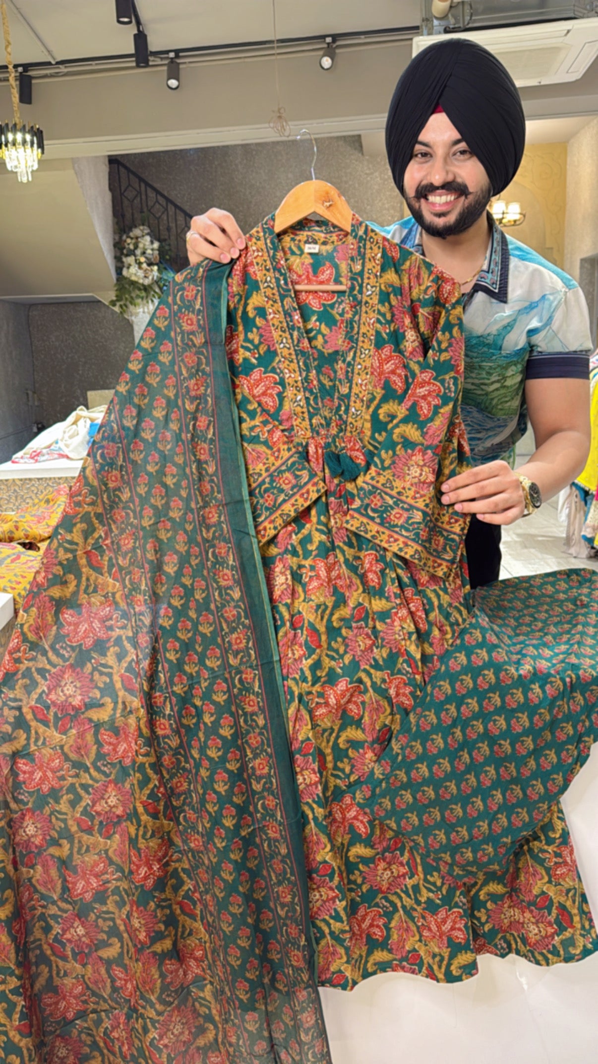 Green Pure Cotton Office Wear Front Gattering A-line Suit