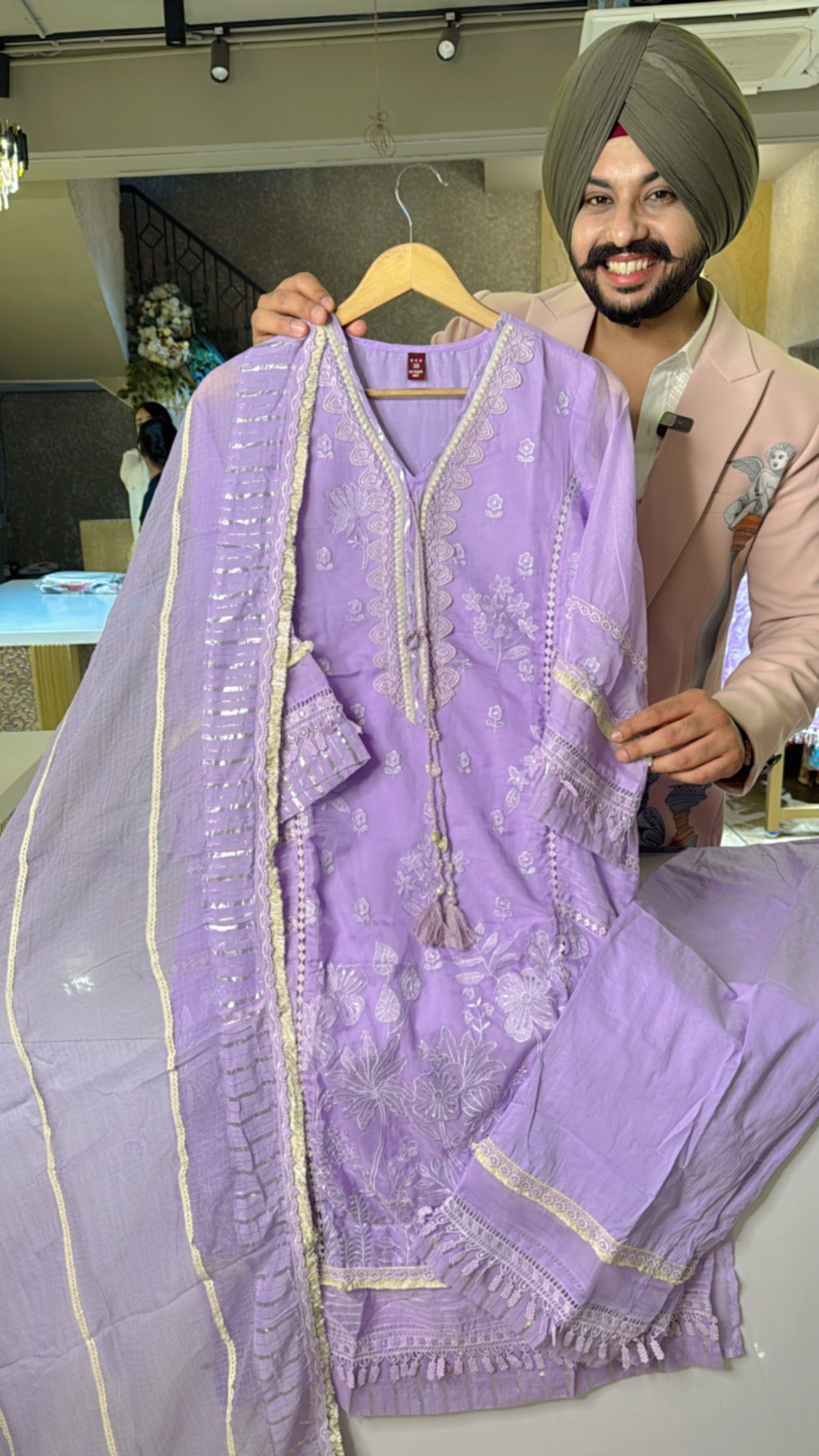 Purple Soft Organza Heavy self Embroidered Pakistani Suit with Kota doria Duppata
